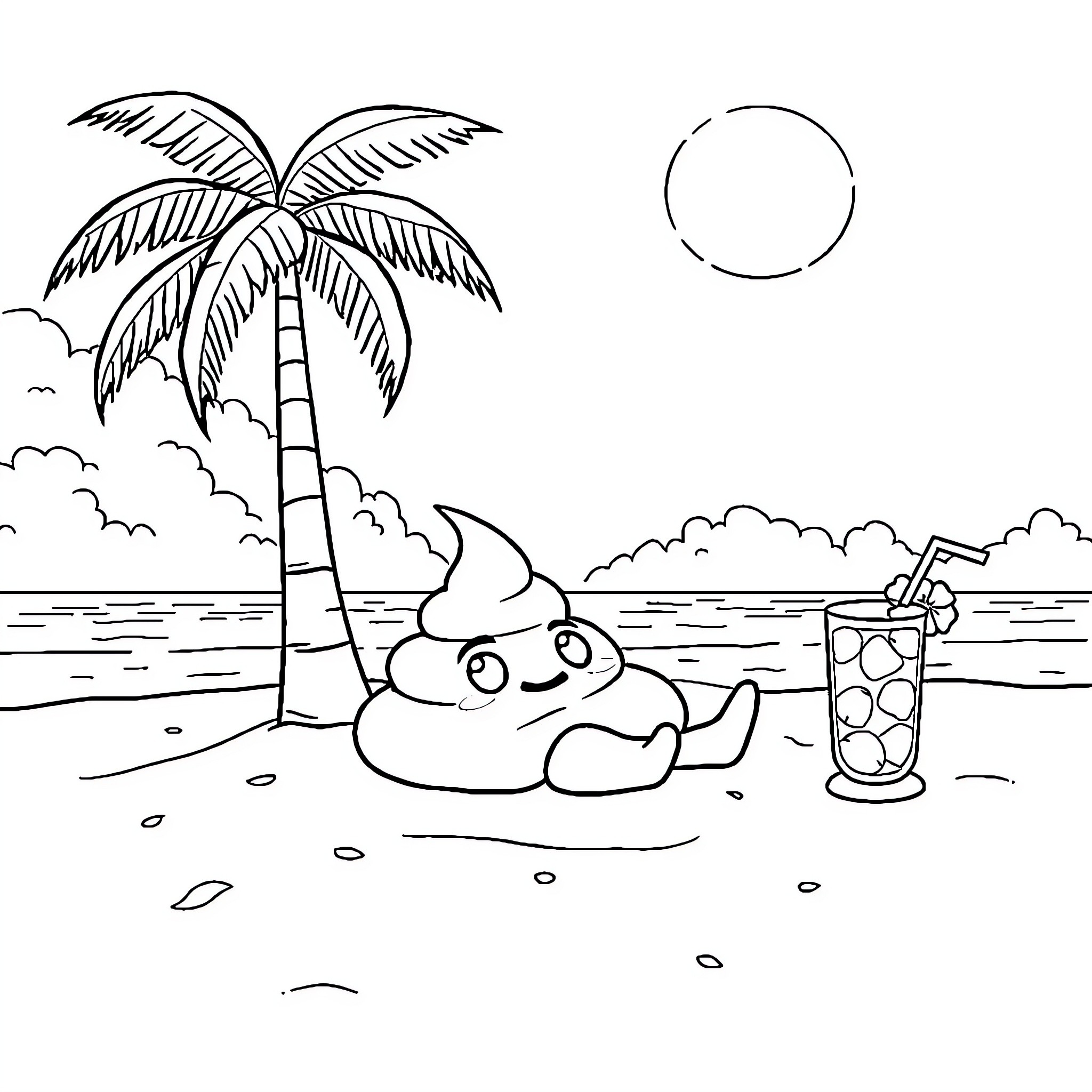 Poop Emoji relaxing on the beach Coloring Page (free black-and-white line drawing printable PDF for all, from beginners to advanced learners, including children, teens, adults, and seniors)