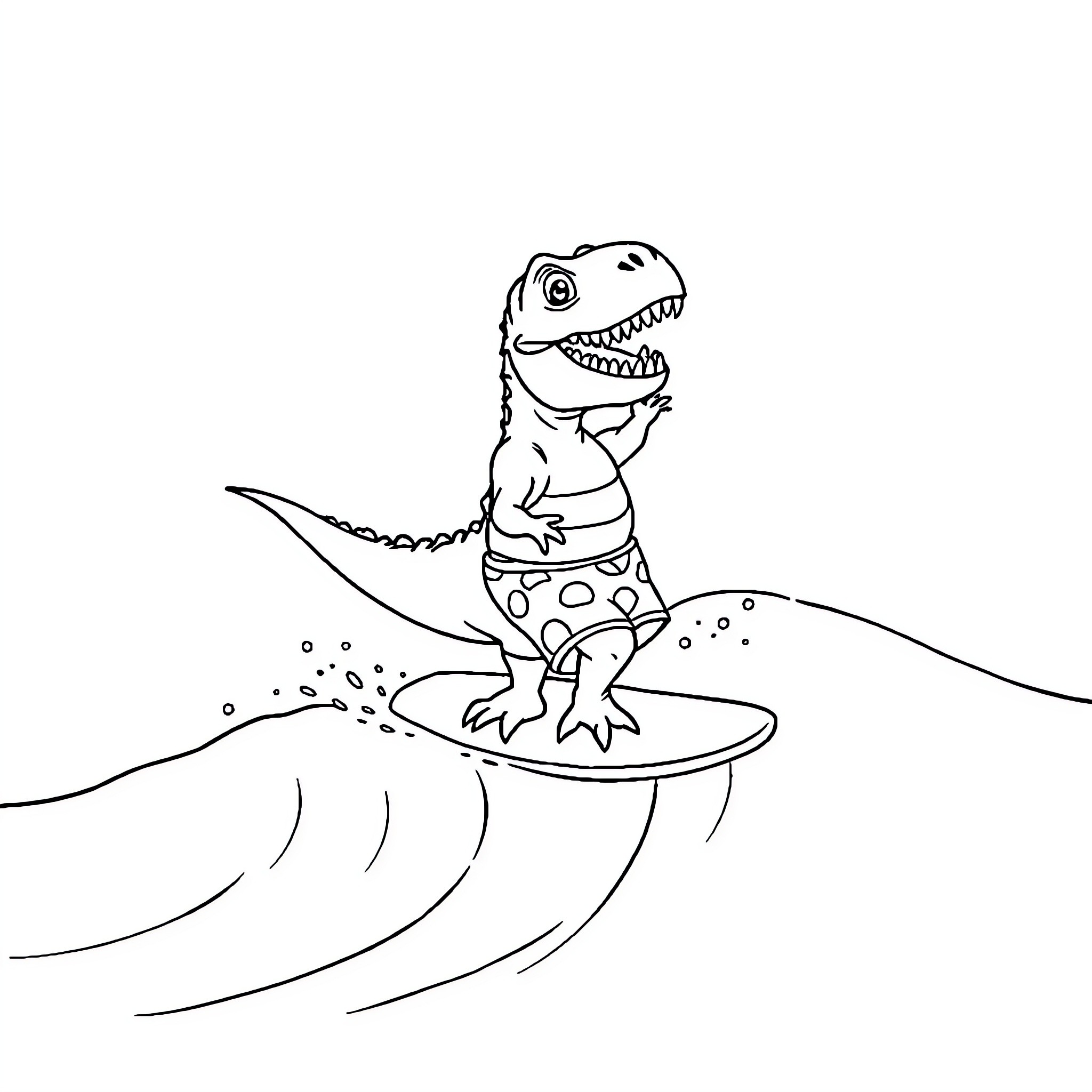 T-Rex surfing on a wave Coloring Page (free black-and-white line drawing printable PDF for all, from beginners to advanced learners, including children, teens, adults, and seniors)