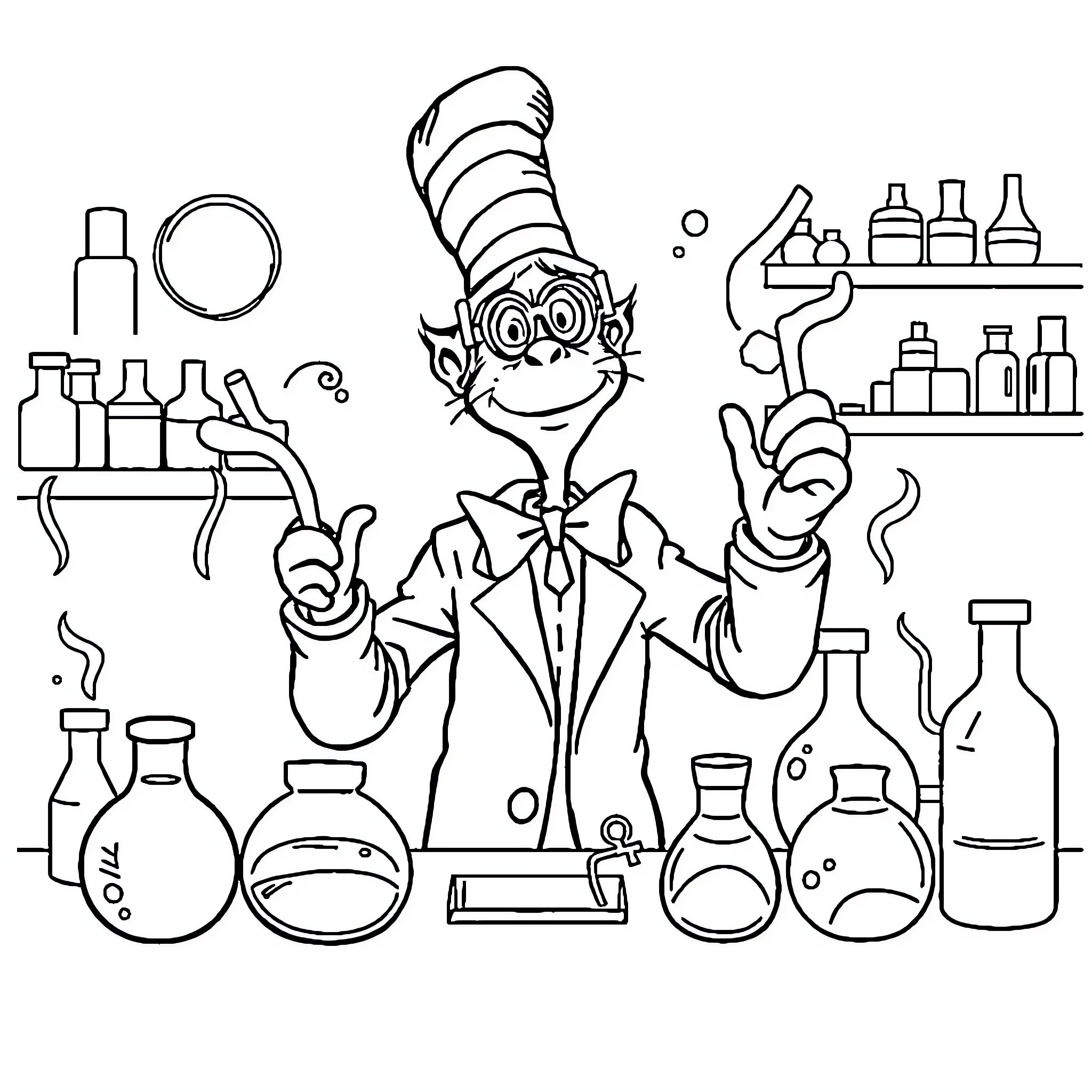 Dr. Seuss' Eccentric Scientist Conducting Experiments Coloring Page (free black-and-white line drawing printable PDF for all, from beginners to advanced learners, including children, teens, adults, and seniors)