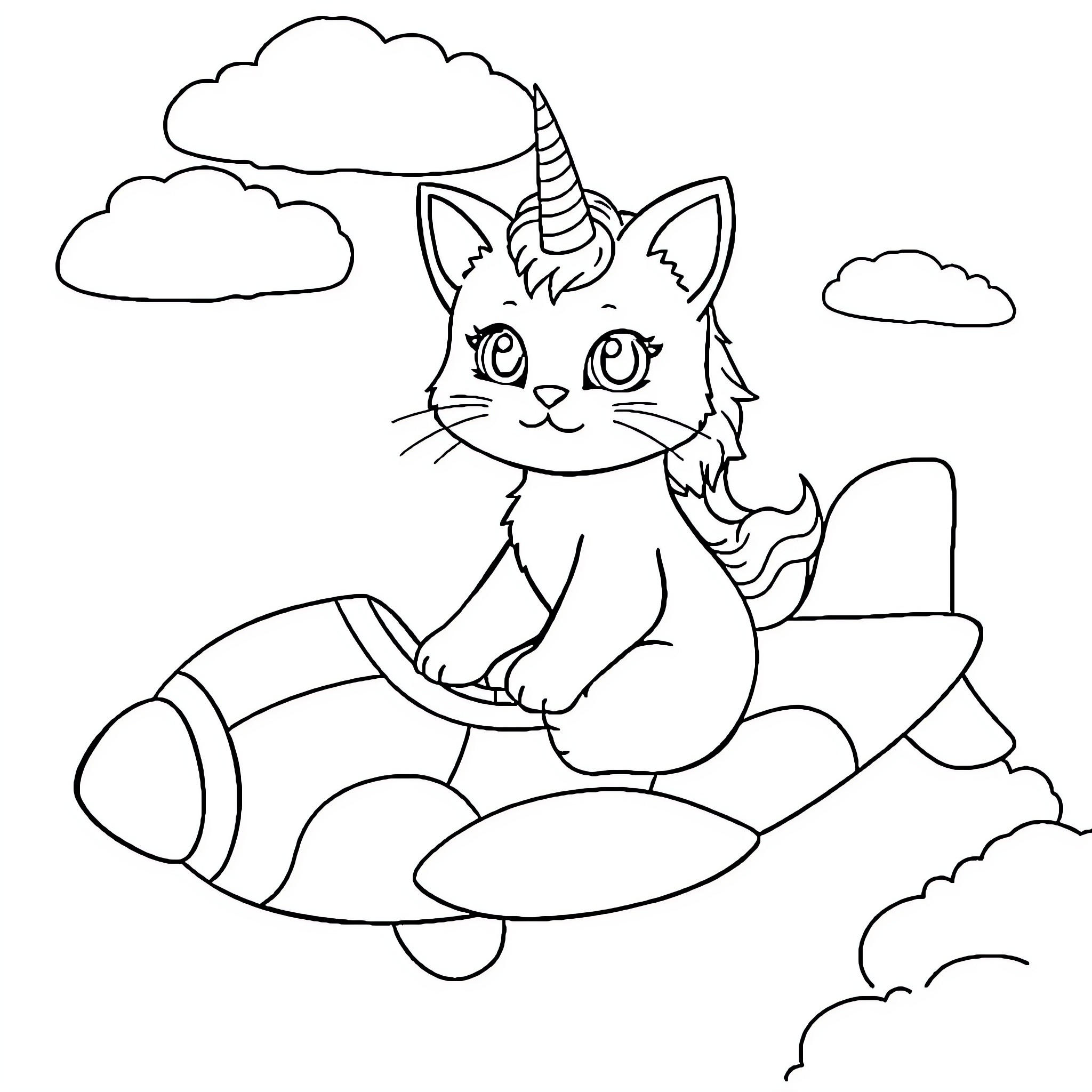 Kitty Cat flying playfully on a plane Coloring Page (free black-and-white line drawing printable PDF for all, from beginners to advanced learners, including children, teens, adults, and seniors)