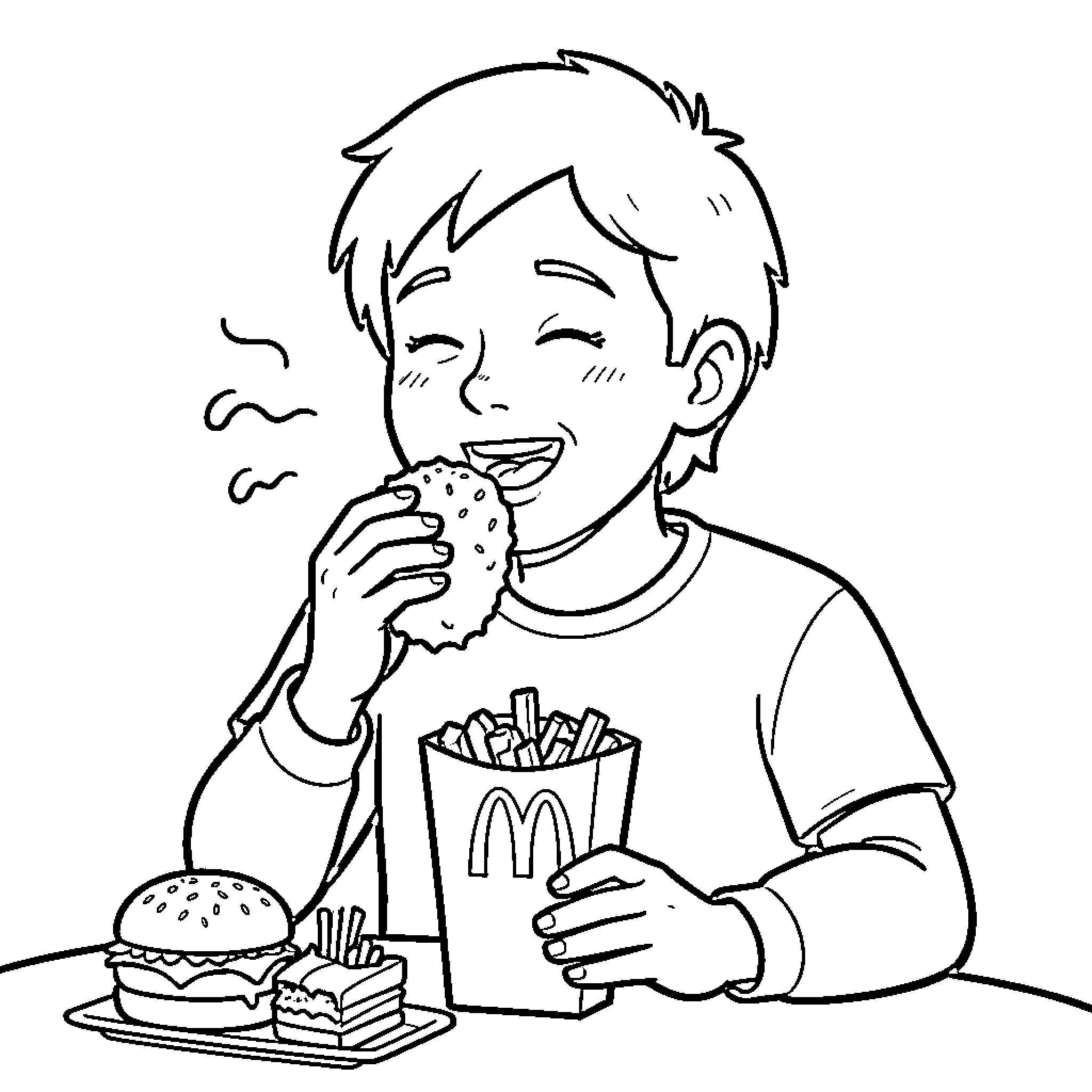 Brain enjoying a delicious fast food meal Coloring Page (free black-and-white line drawing printable PDF for all, from beginners to advanced learners, including children, teens, adults, and seniors)