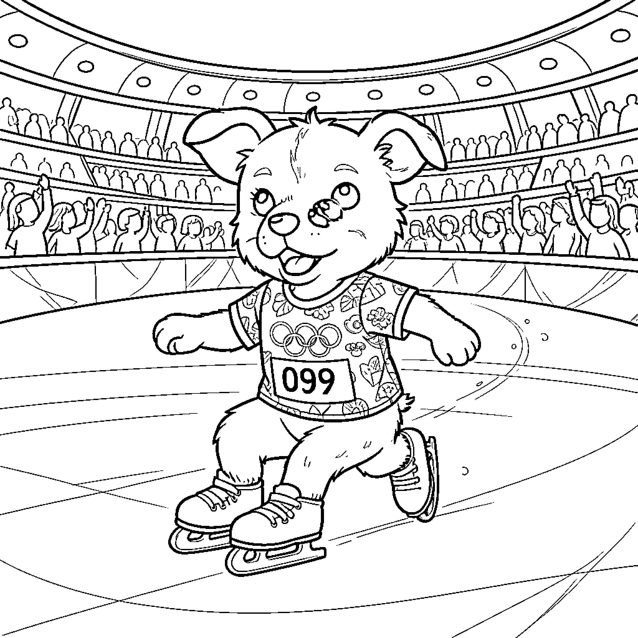 Dog figure skating in competition arena Coloring Page (free black-and-white line drawing printable PDF for all, from beginners to advanced learners, including children, teens, adults, and seniors)
