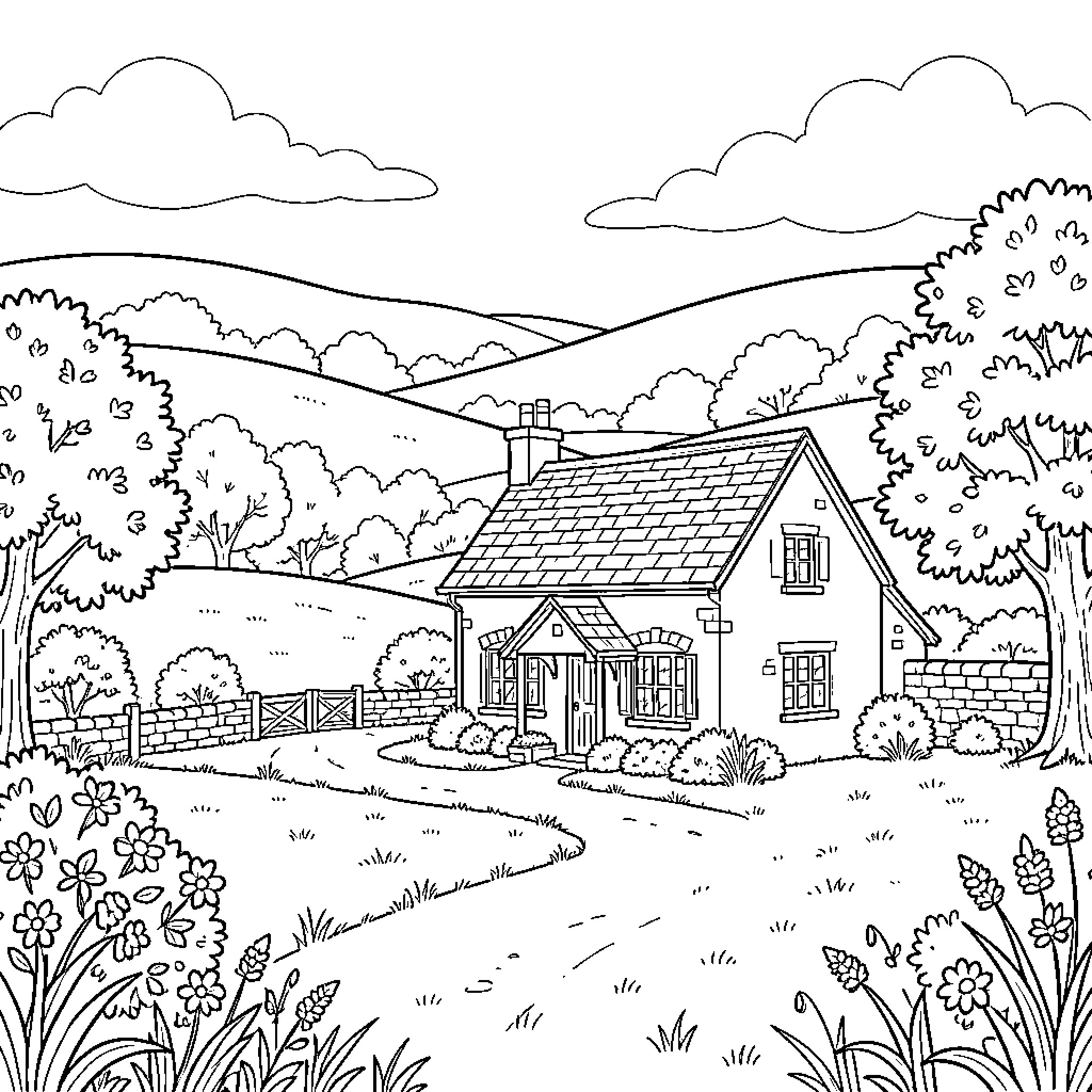 Cottage nestled in a peaceful rolling hills landscape Coloring Page (free black-and-white line drawing printable PDF for all, from beginners to advanced learners, including children, teens, adults, and seniors)