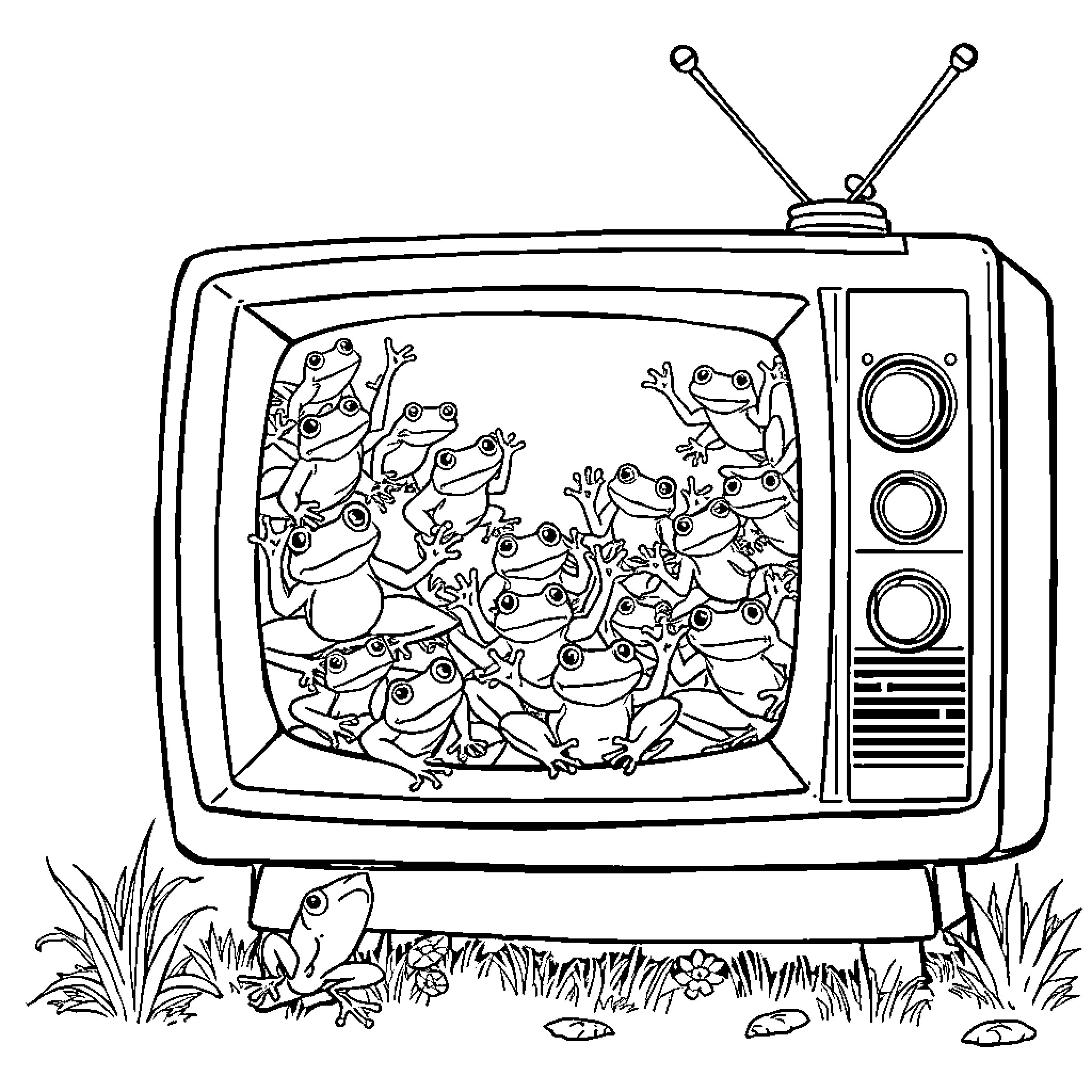 Frog gathering on retro television Coloring Page (free black-and-white line drawing printable PDF for all, from beginners to advanced learners, including children, teens, adults, and seniors)