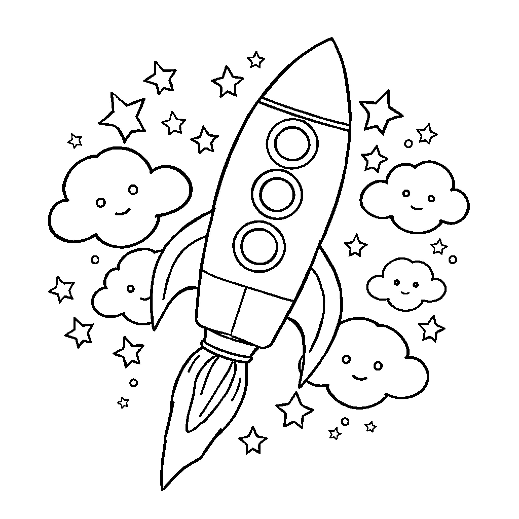 Rocket launching among playful clouds and stars Coloring Page (free black-and-white line drawing printable PDF for all, from beginners to advanced learners, including children, teens, adults, and seniors)