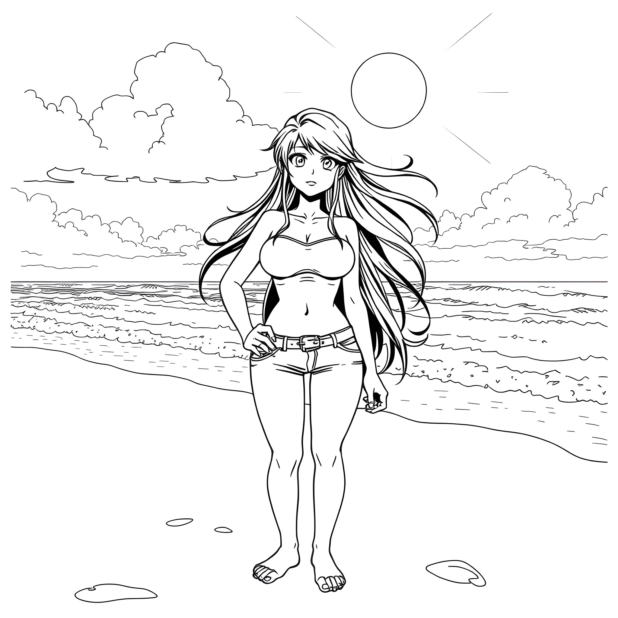 Tifa Lockhart enjoying the sunset on the beach Coloring Page (free black-and-white line drawing printable PDF for all, from beginners to advanced learners, including children, teens, adults, and seniors)