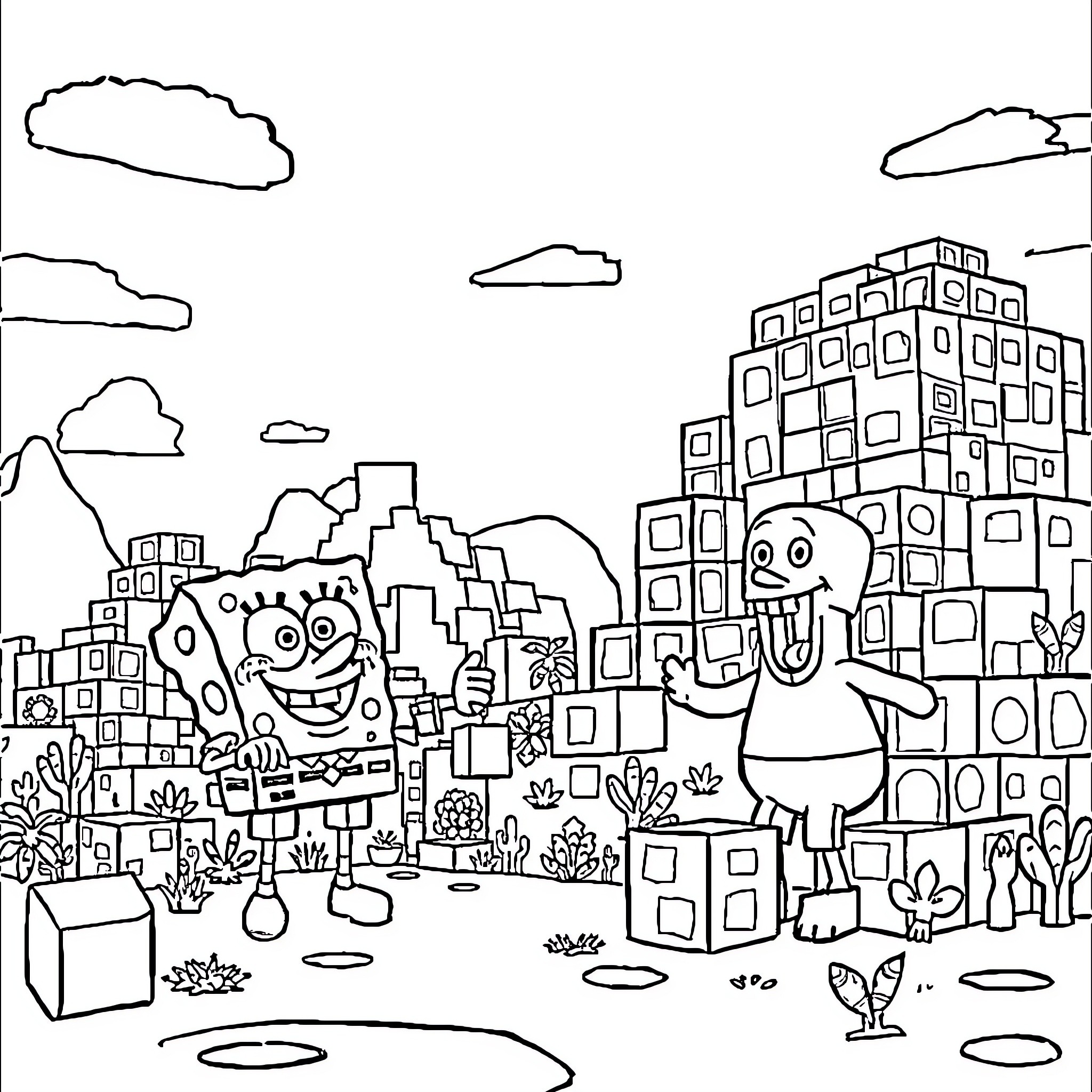 Spongebob and friends explore the colorful city landscape Coloring Page (free black-and-white line drawing printable PDF for all, from beginners to advanced learners, including children, teens, adults, and seniors)