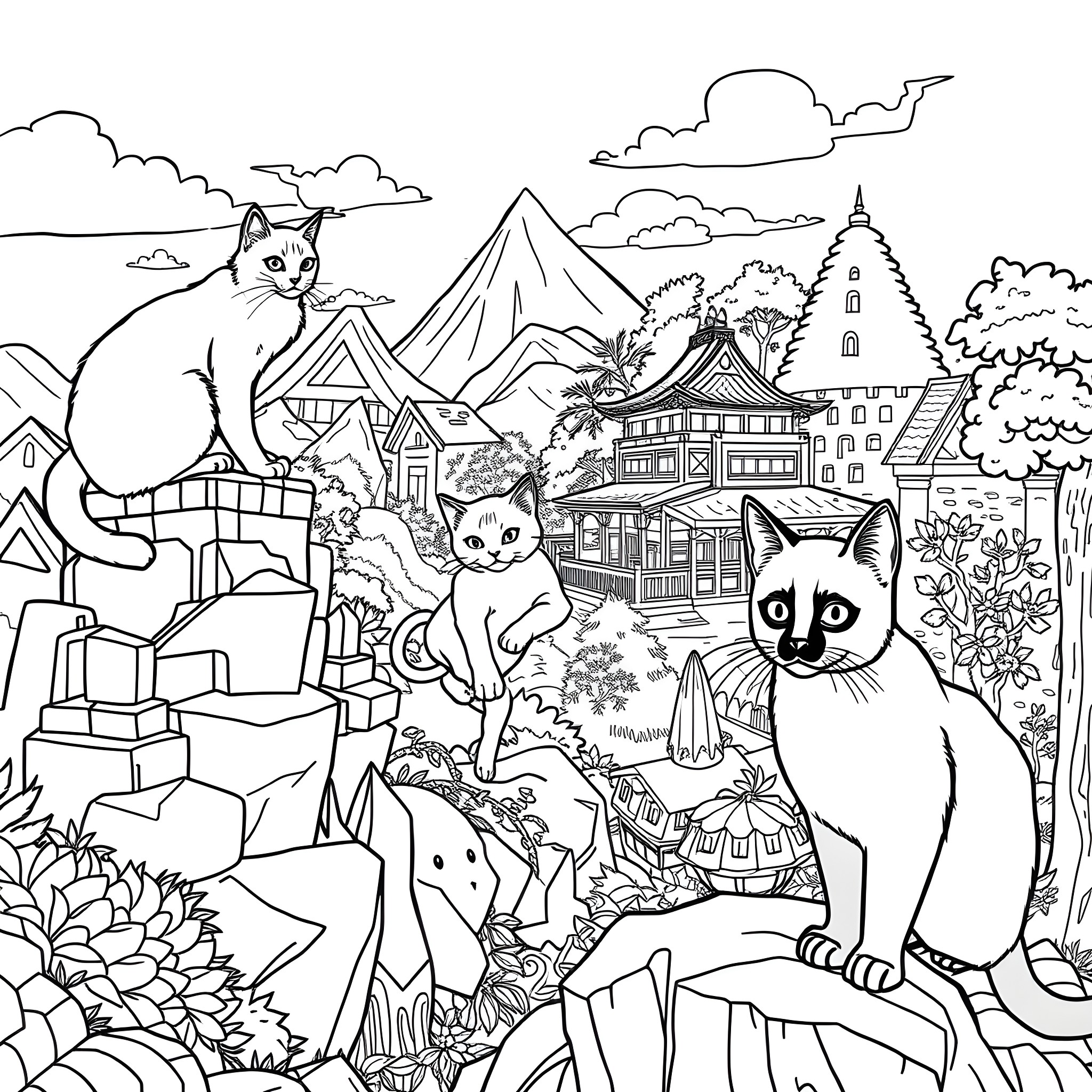 Cats exploring the scenic mountain village Coloring Page (free black-and-white line drawing printable PDF for all, from beginners to advanced learners, including children, teens, adults, and seniors)