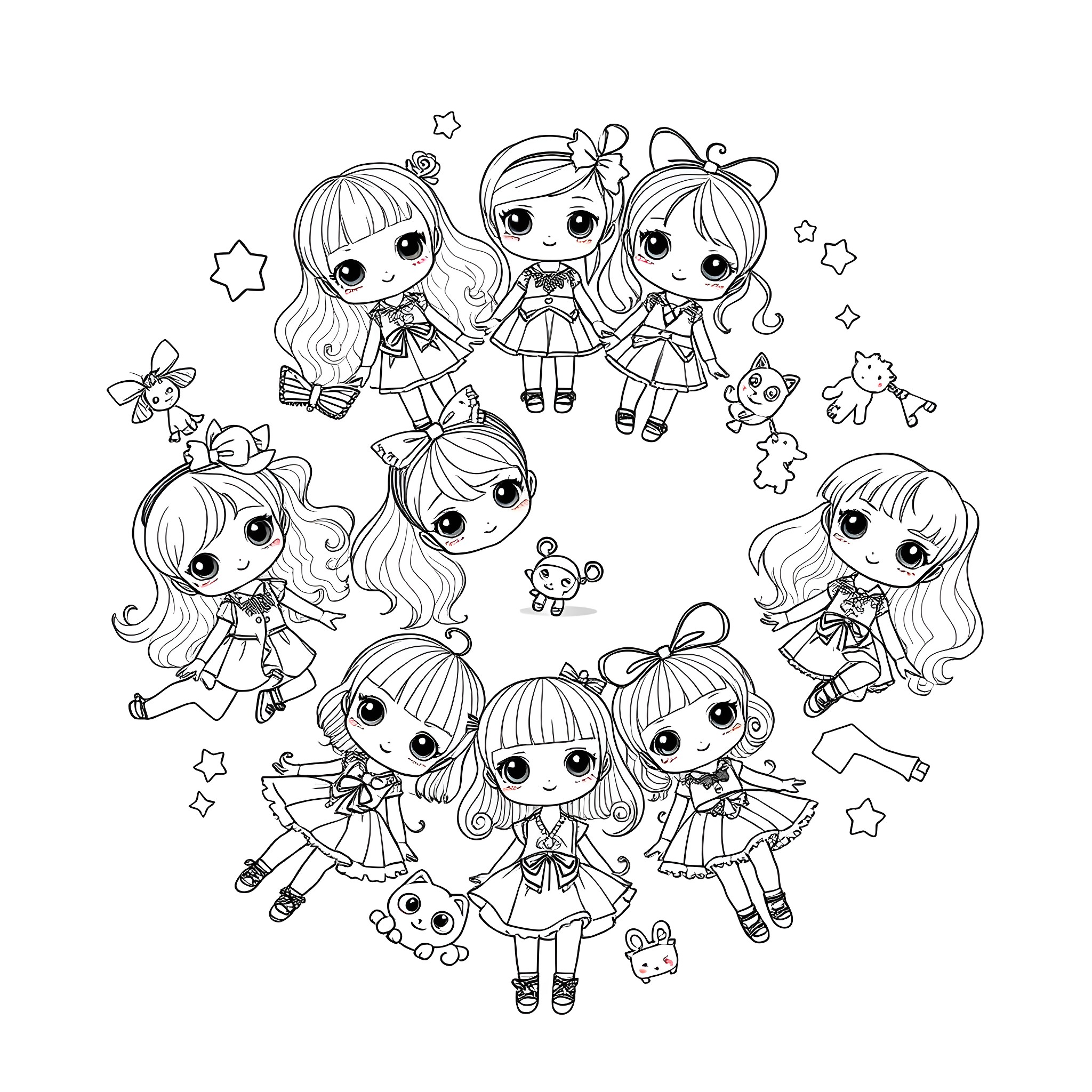 Doll girls playing joyfully with toys and stars Coloring Page (free black-and-white line drawing printable PDF for all, from beginners to advanced learners, including children, teens, adults, and seniors)