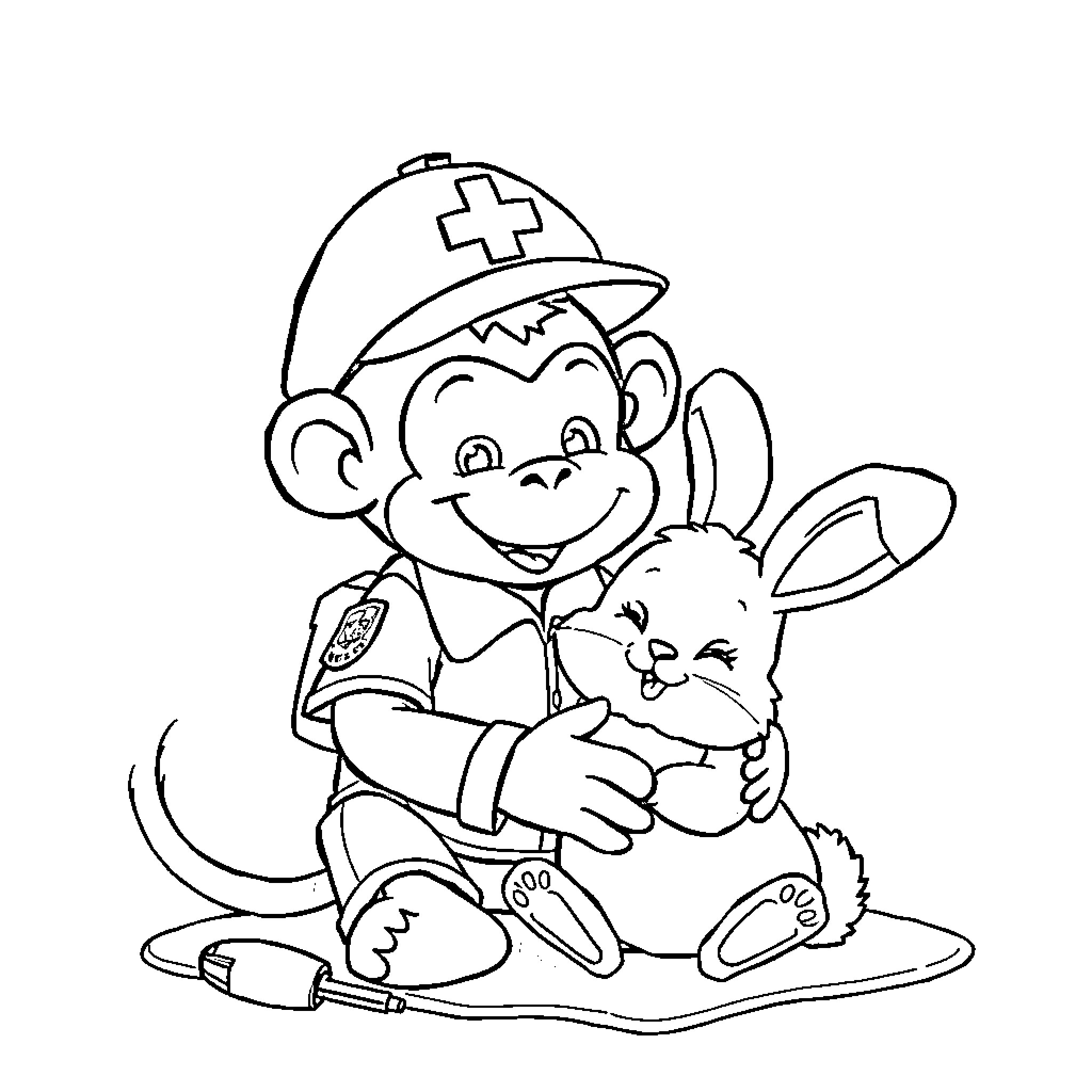 Monkey Veterinarian Caring for Injured Animal Coloring Page (free black-and-white line drawing printable PDF for all, from beginners to advanced learners, including children, teens, adults, and seniors)