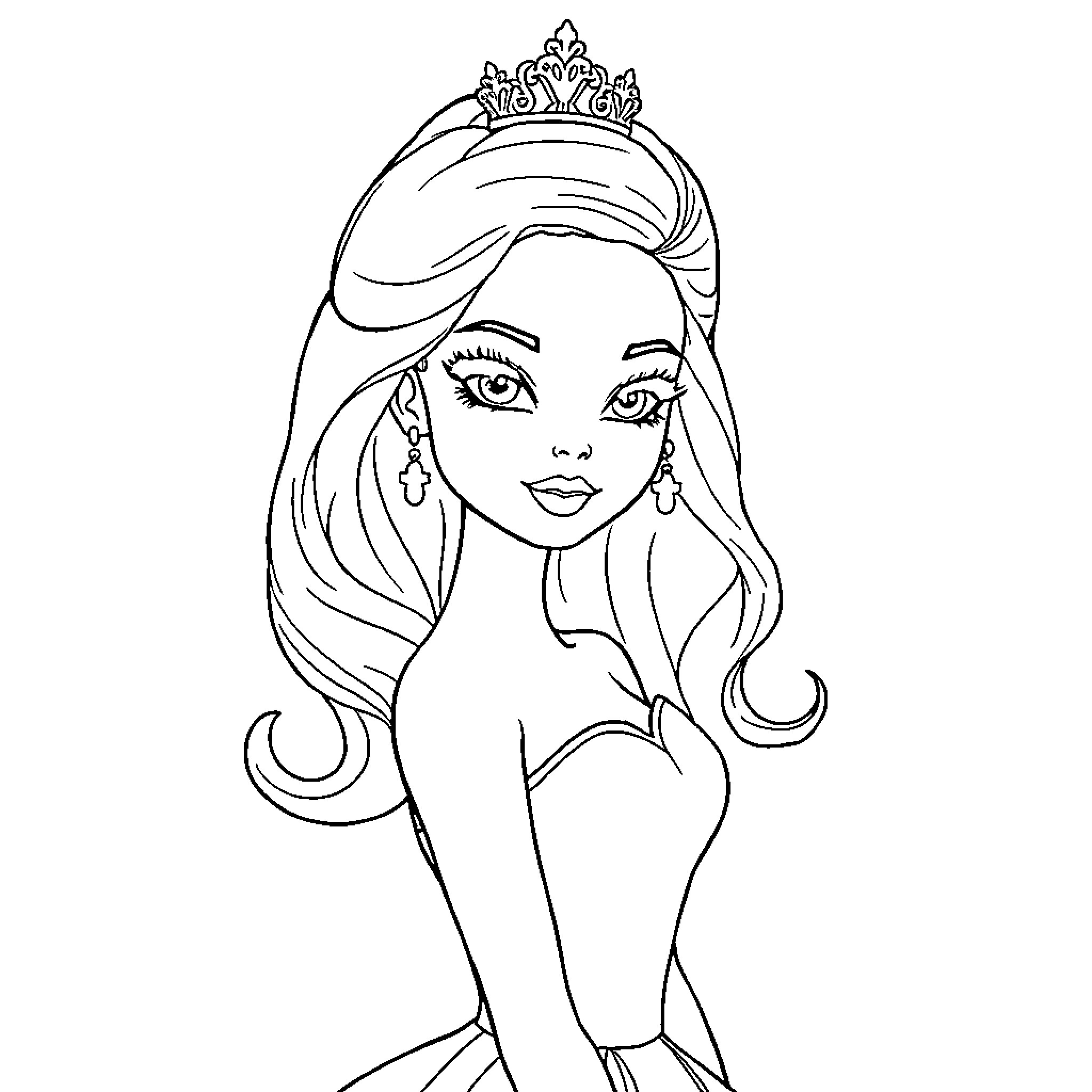 Barbie posing confidently in a crown and jewelry Coloring Page (free black-and-white line drawing printable PDF for all, from beginners to advanced learners, including children, teens, adults, and seniors)