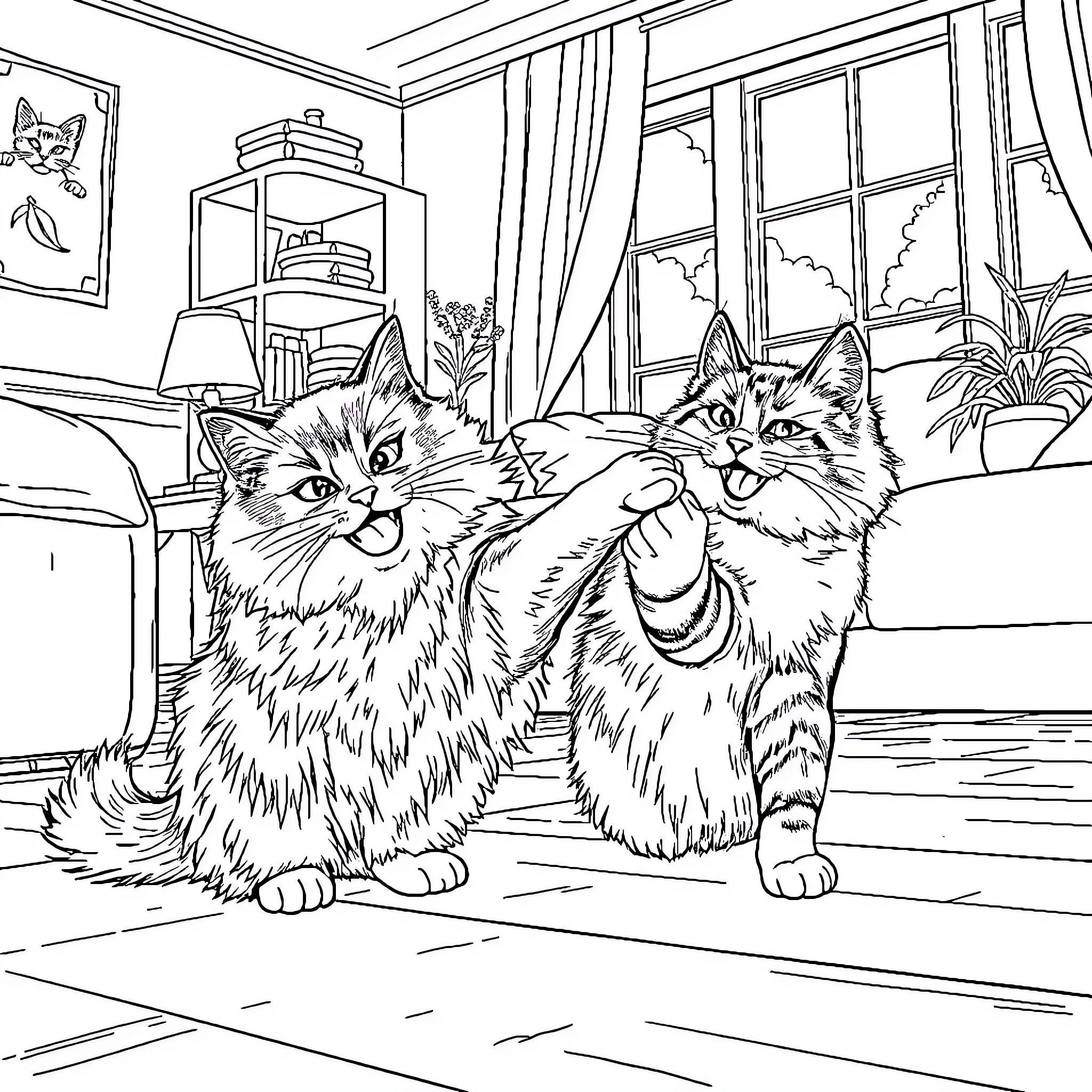 Cat Companions Relax in Cozy Home Coloring Page (free black-and-white line drawing printable PDF for all, from beginners to advanced learners, including children, teens, adults, and seniors)