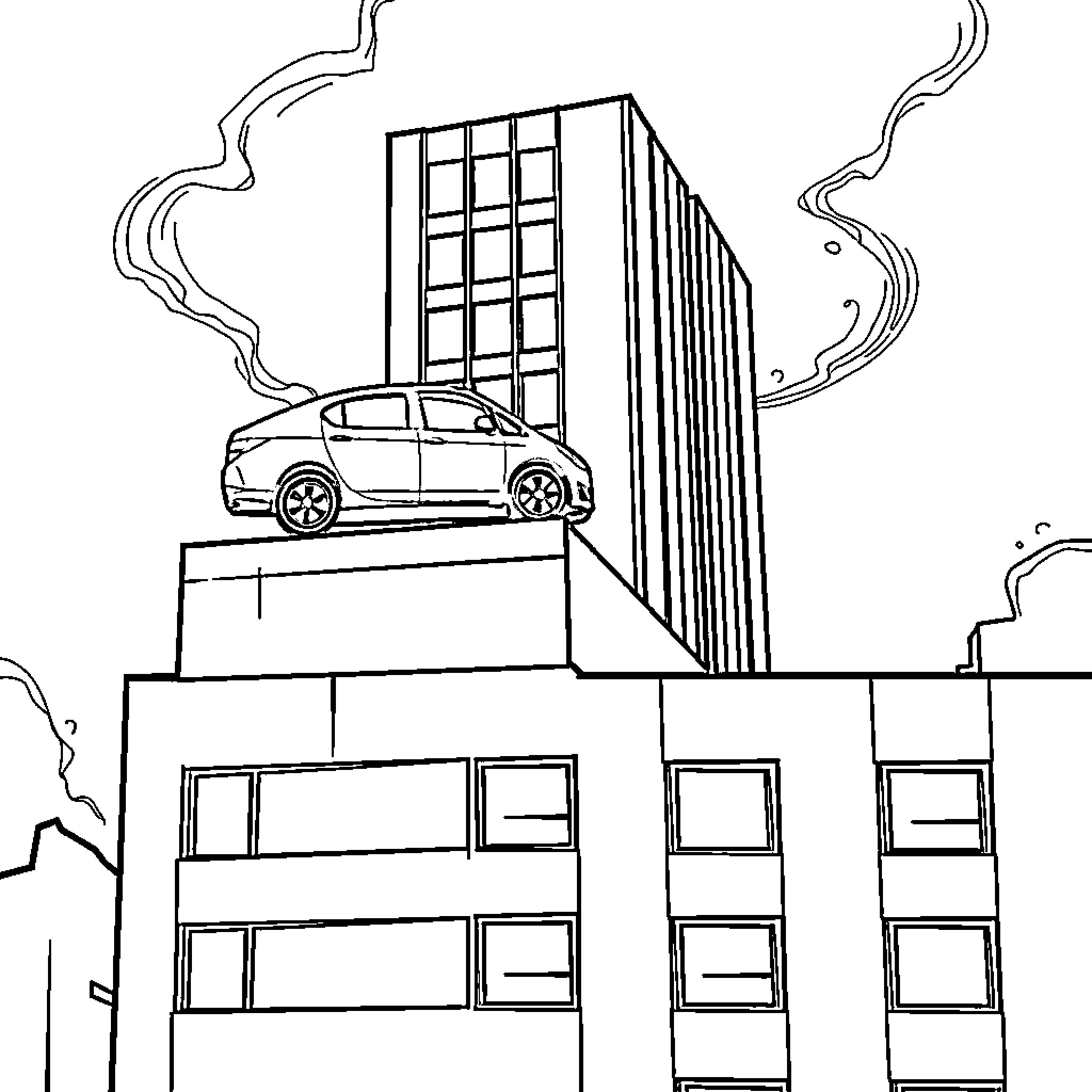Car parked on top of modern high-rise building Coloring Page (free black-and-white line drawing printable PDF for all, from beginners to advanced learners, including children, teens, adults, and seniors)