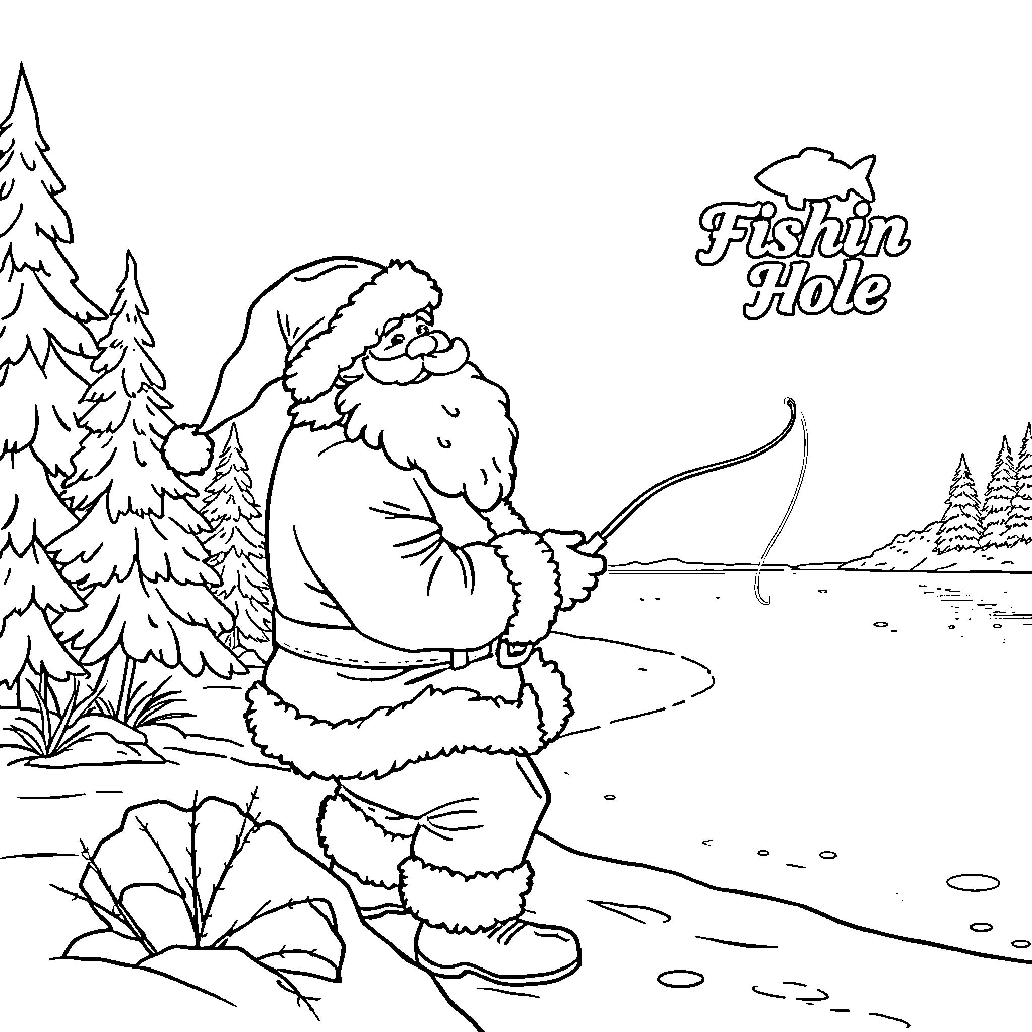 Santa fishing by the frozen lake Coloring Page (free black-and-white line drawing printable PDF for all, from beginners to advanced learners, including children, teens, adults, and seniors)