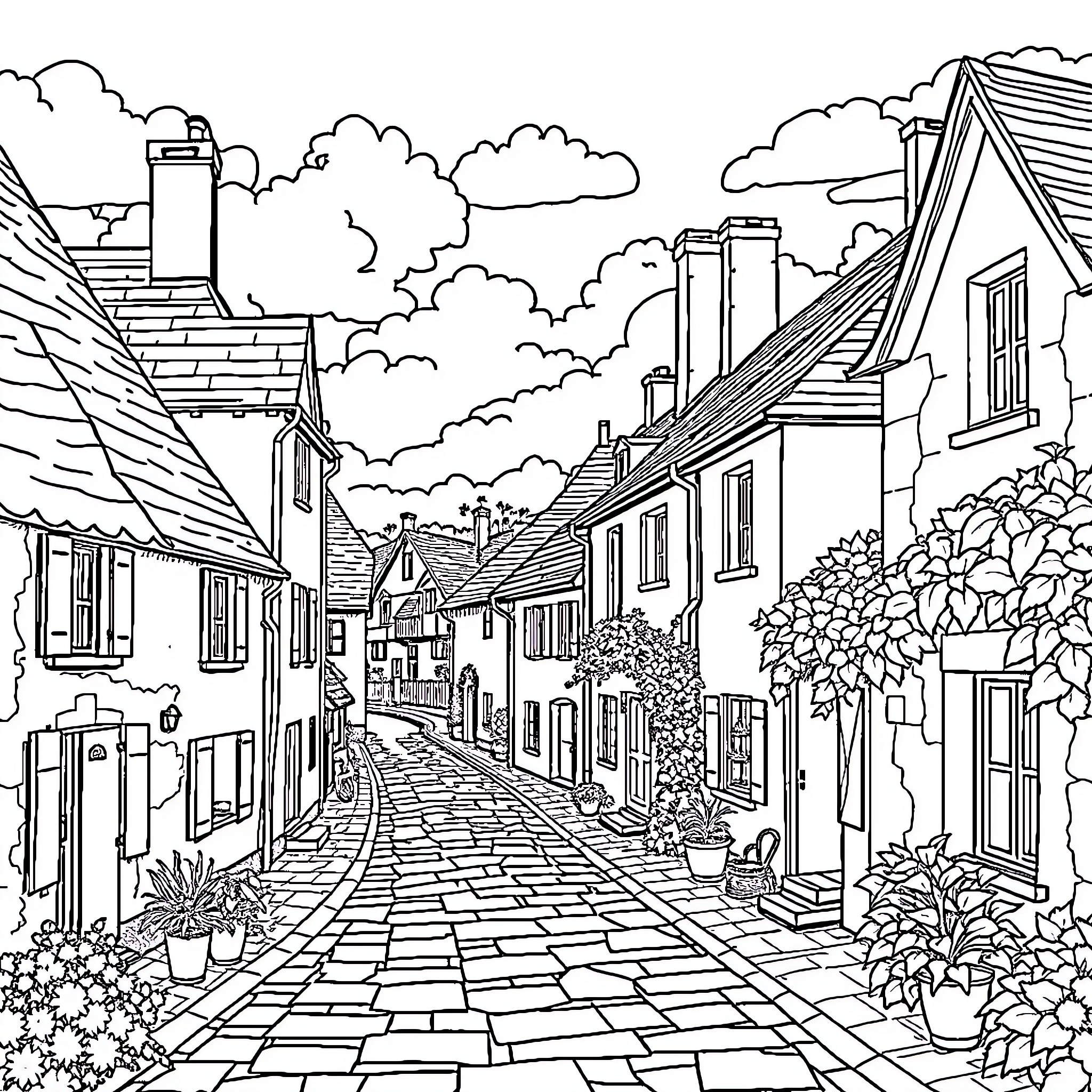 Bousbecque - Charming Old Town Street Scene Coloring Page (free black-and-white line drawing printable PDF for all, from beginners to advanced learners, including children, teens, adults, and seniors)