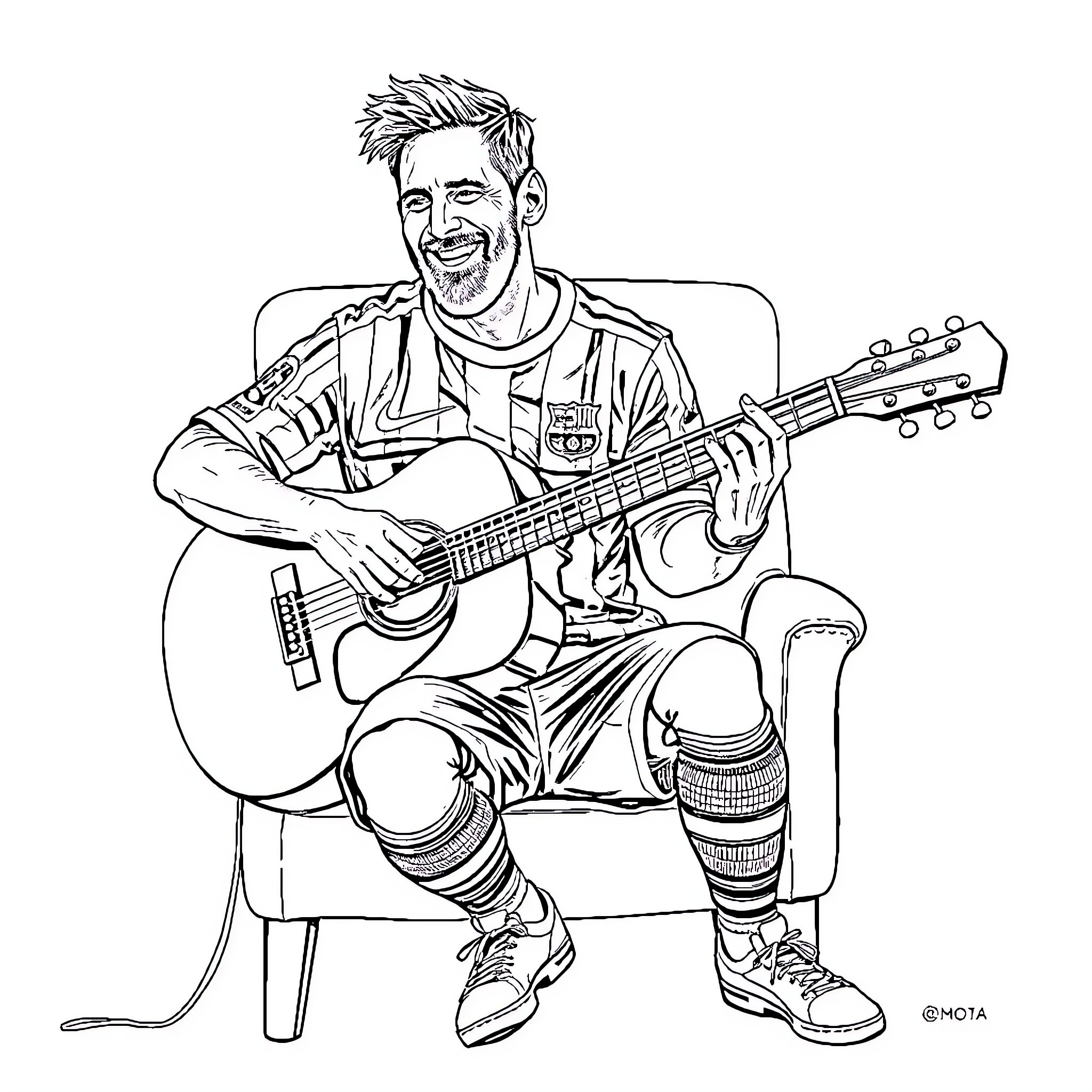 Messi playing guitar and smiling Coloring Page (free black-and-white line drawing printable PDF for all, from beginners to advanced learners, including children, teens, adults, and seniors)