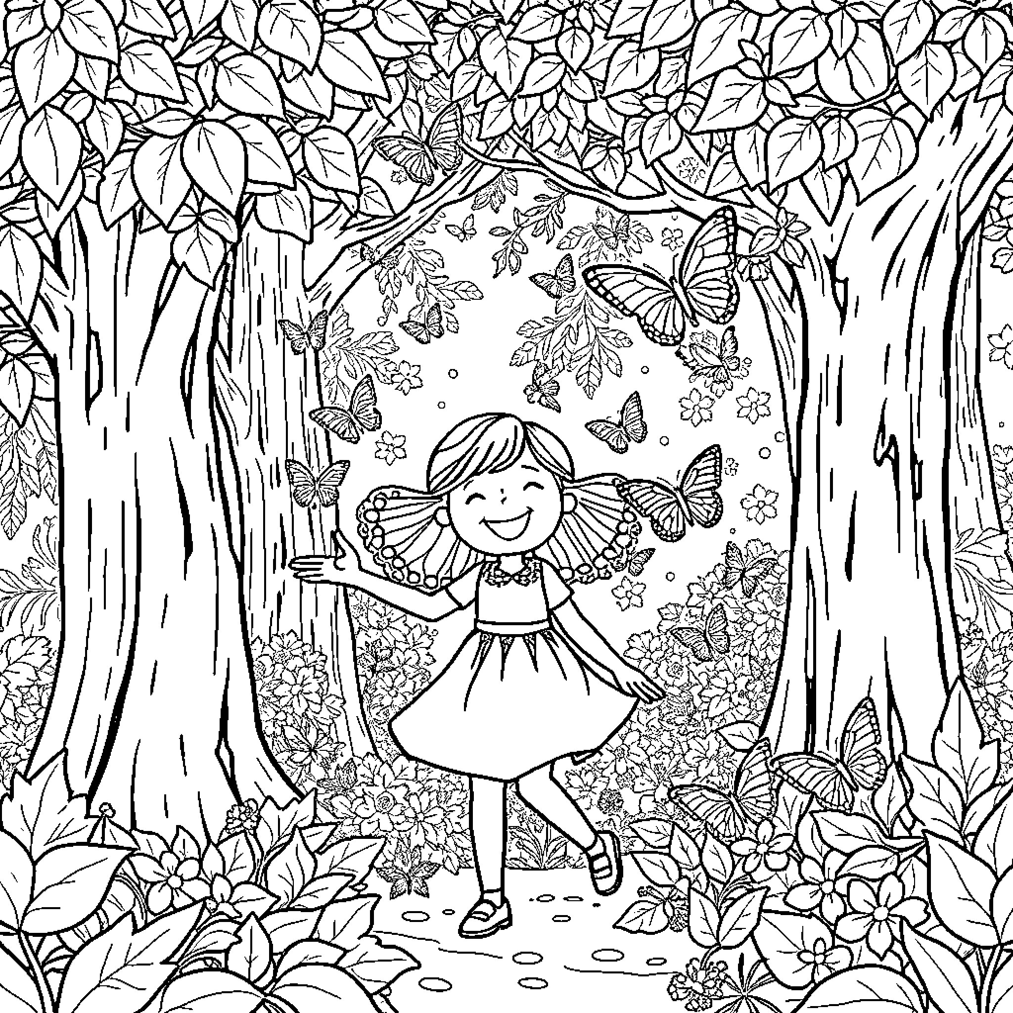 Fille dans la forêt des papillons Coloring Page (free black-and-white line drawing printable PDF for all, from beginners to advanced learners, including children, teens, adults, and seniors)