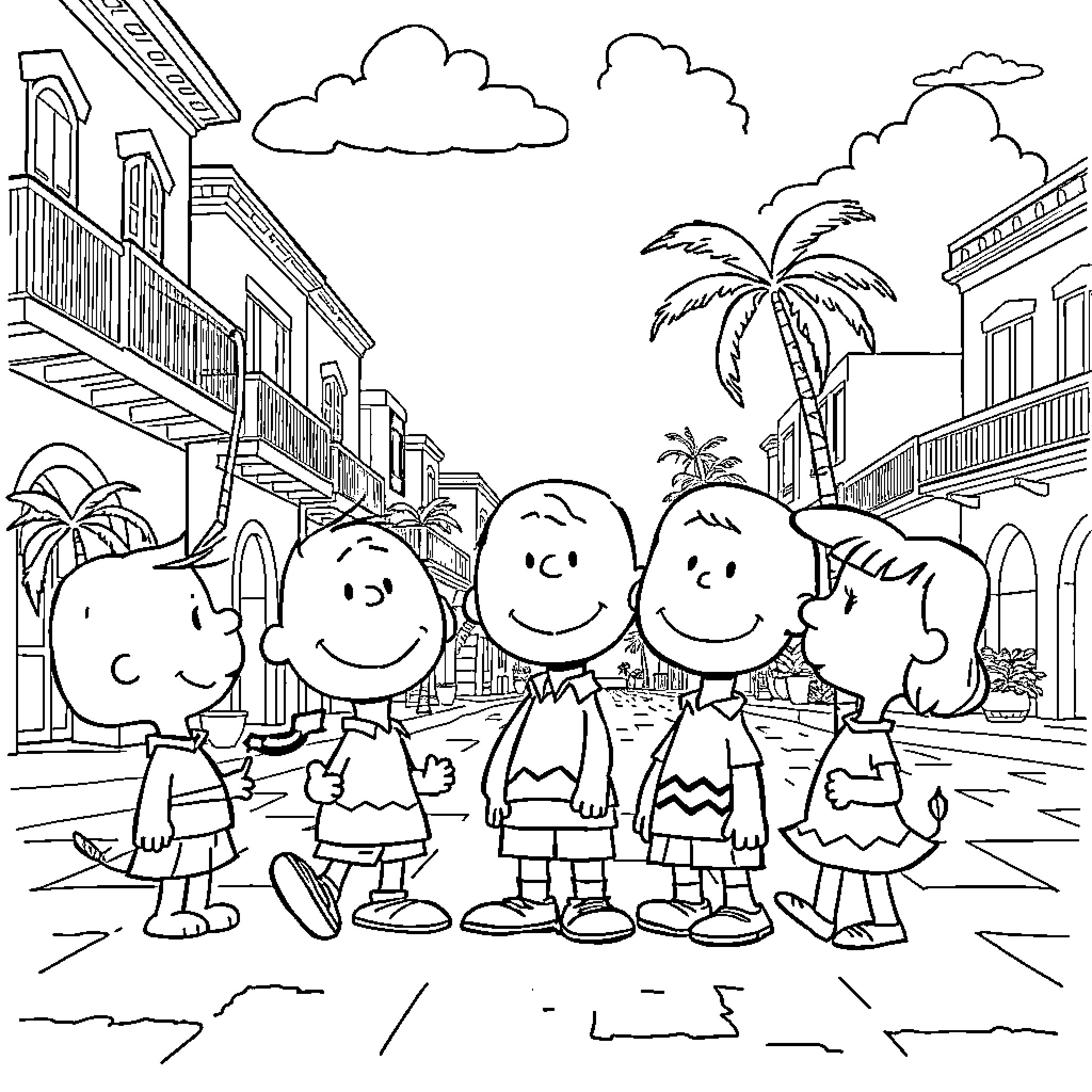 Charlie Brown and Friends Explore a Tropical Town Coloring Page (free black-and-white line drawing printable PDF for all, from beginners to advanced learners, including children, teens, adults, and seniors)