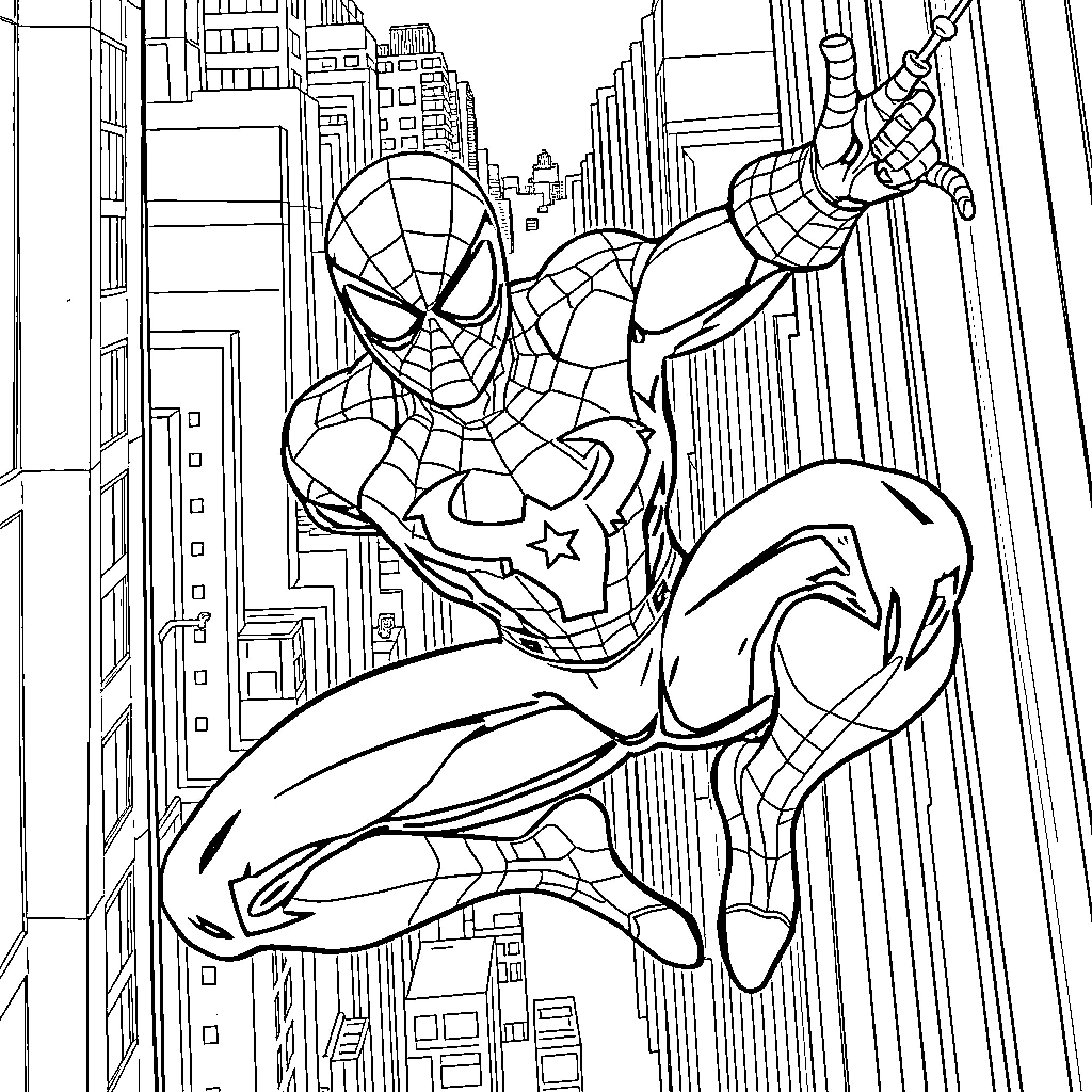 Spider-Man Swinging Through Cityscape Coloring Page (free black-and-white line drawing printable PDF for all, from beginners to advanced learners, including children, teens, adults, and seniors)