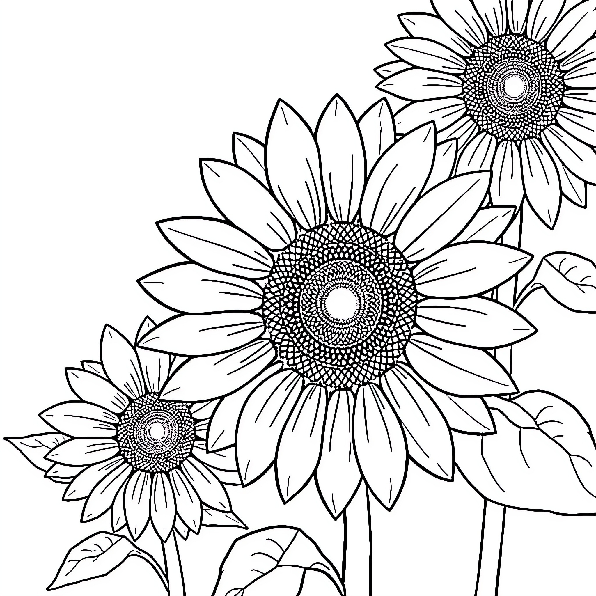 Sunflower Field Illustration Coloring Page (free black-and-white line drawing printable PDF for all, from beginners to advanced learners, including children, teens, adults, and seniors)