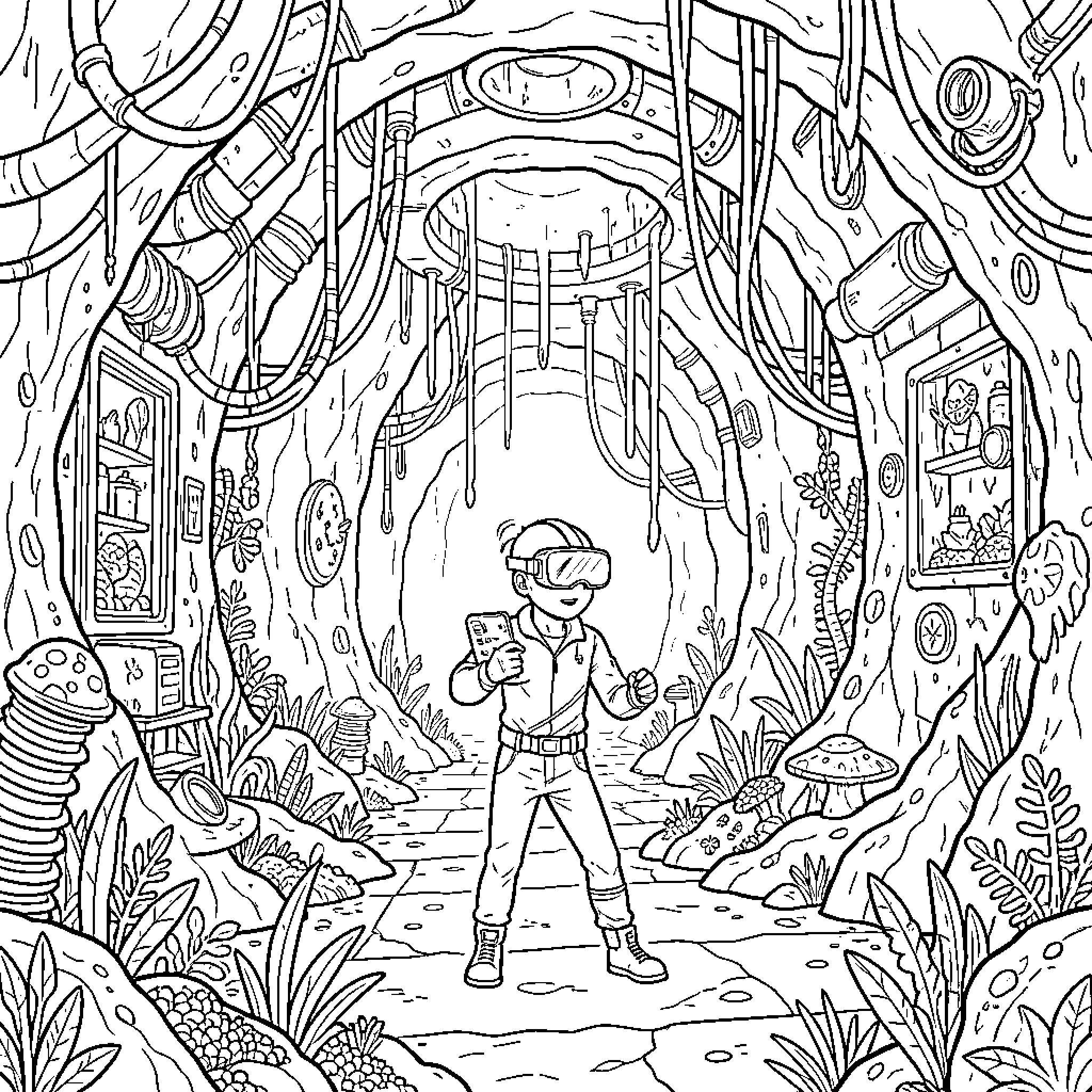 UG Boy wearing VR headset in a futuristic cave Coloring Page (free black-and-white line drawing printable PDF for all, from beginners to advanced learners, including children, teens, adults, and seniors)