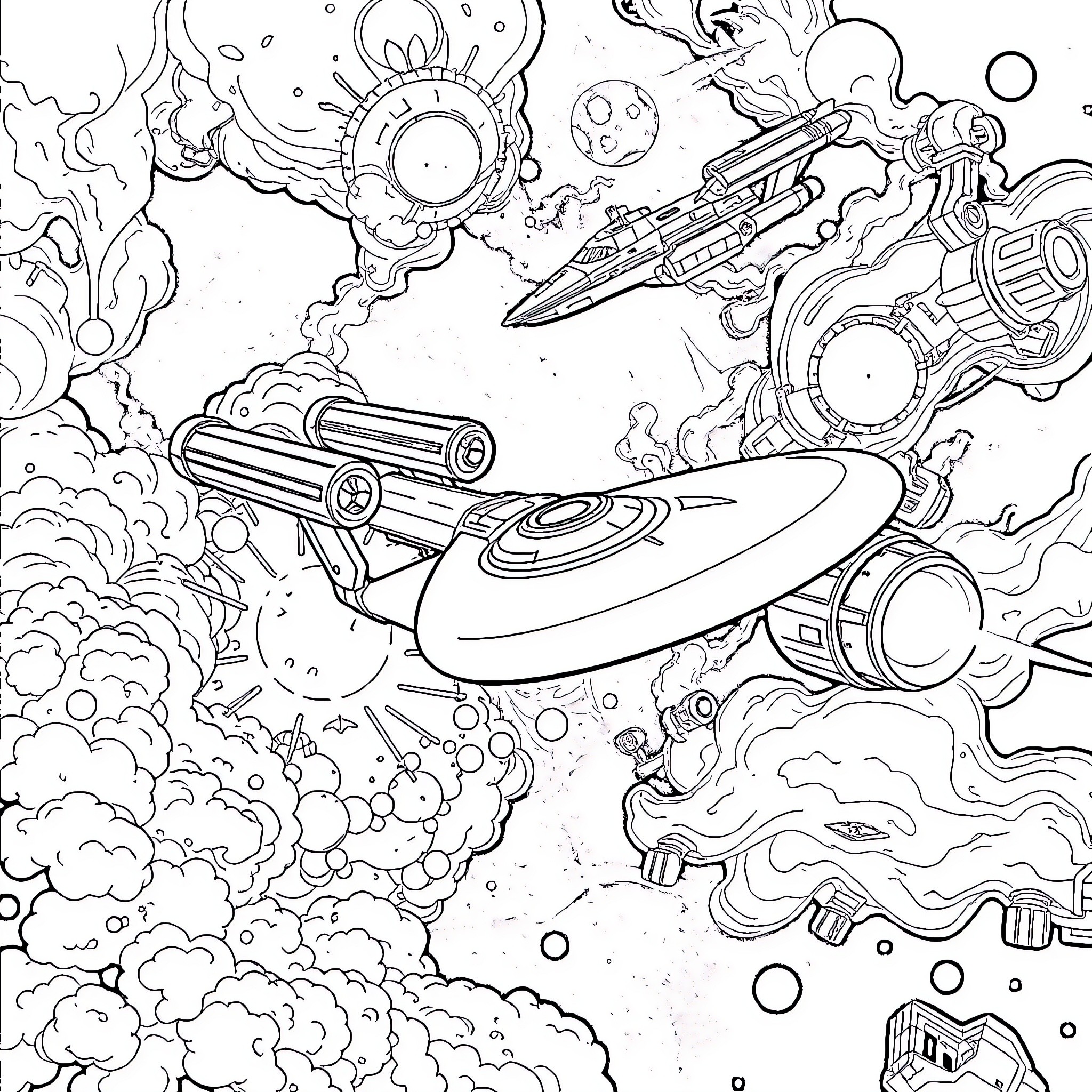 Starship Voyage Through Cosmic Landscapes Coloring Page (free black-and-white line drawing printable PDF for all, from beginners to advanced learners, including children, teens, adults, and seniors)
