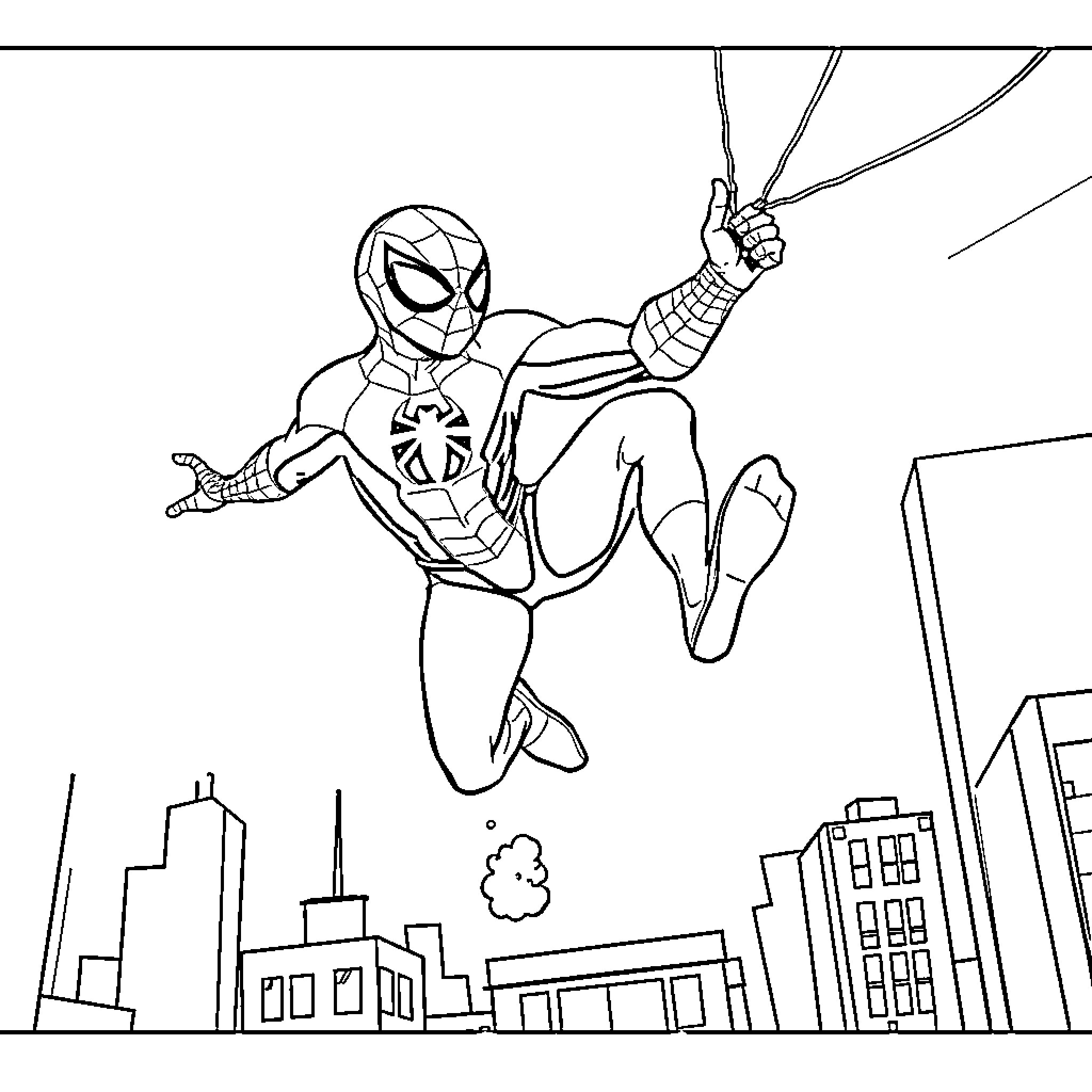 Spiderman swinging through the city Coloring Page (free black-and-white line drawing printable PDF for all, from beginners to advanced learners, including children, teens, adults, and seniors)