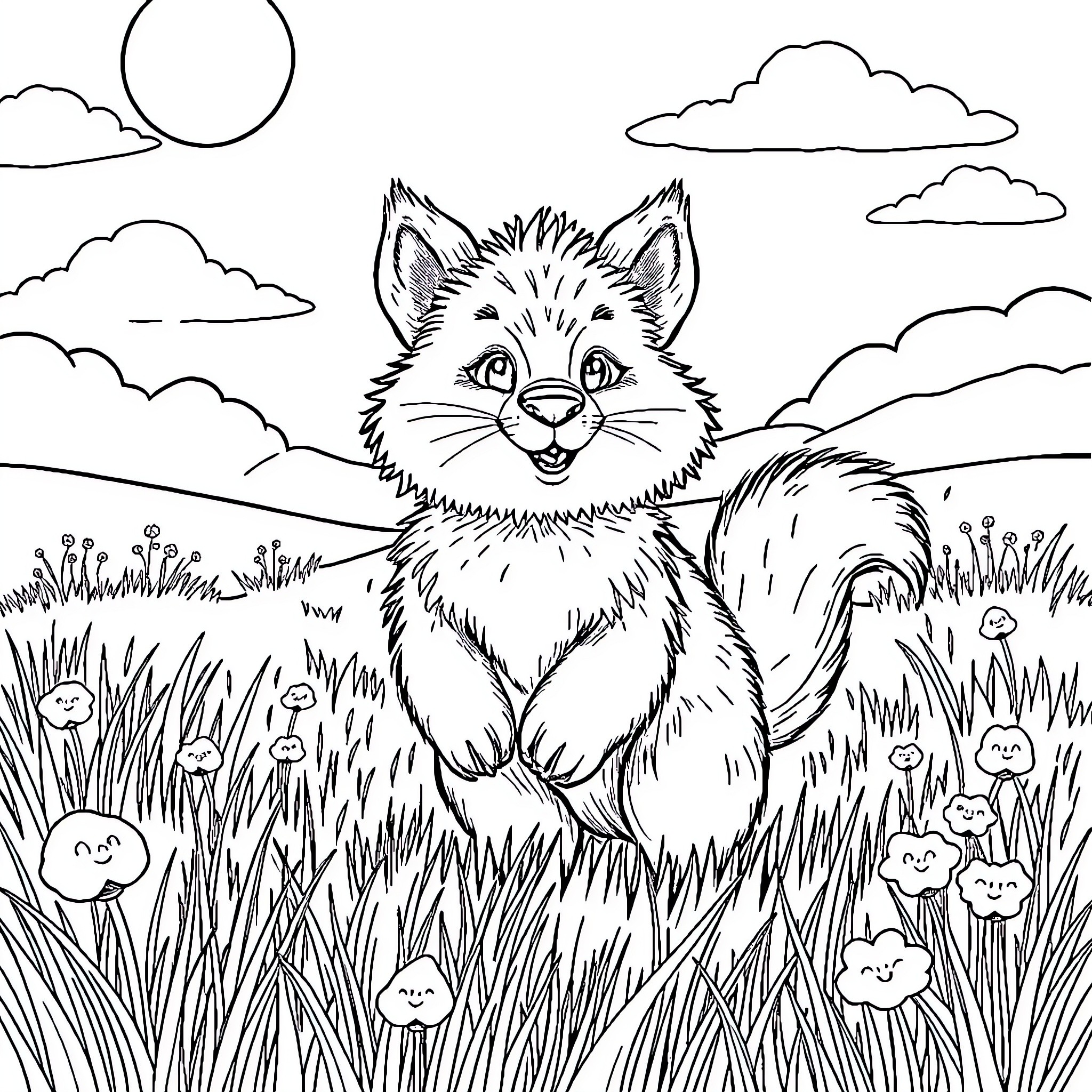 Animal in a Meadow with Clouds Coloring Page (free black-and-white line drawing printable PDF for all, from beginners to advanced learners, including children, teens, adults, and seniors)