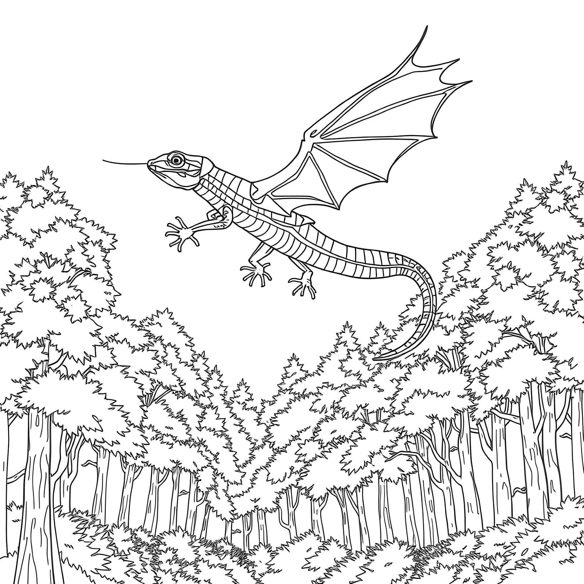 Dragon soaring through the enchanted forest Coloring Page (free black-and-white line drawing printable PDF for all, from beginners to advanced learners, including children, teens, adults, and seniors)