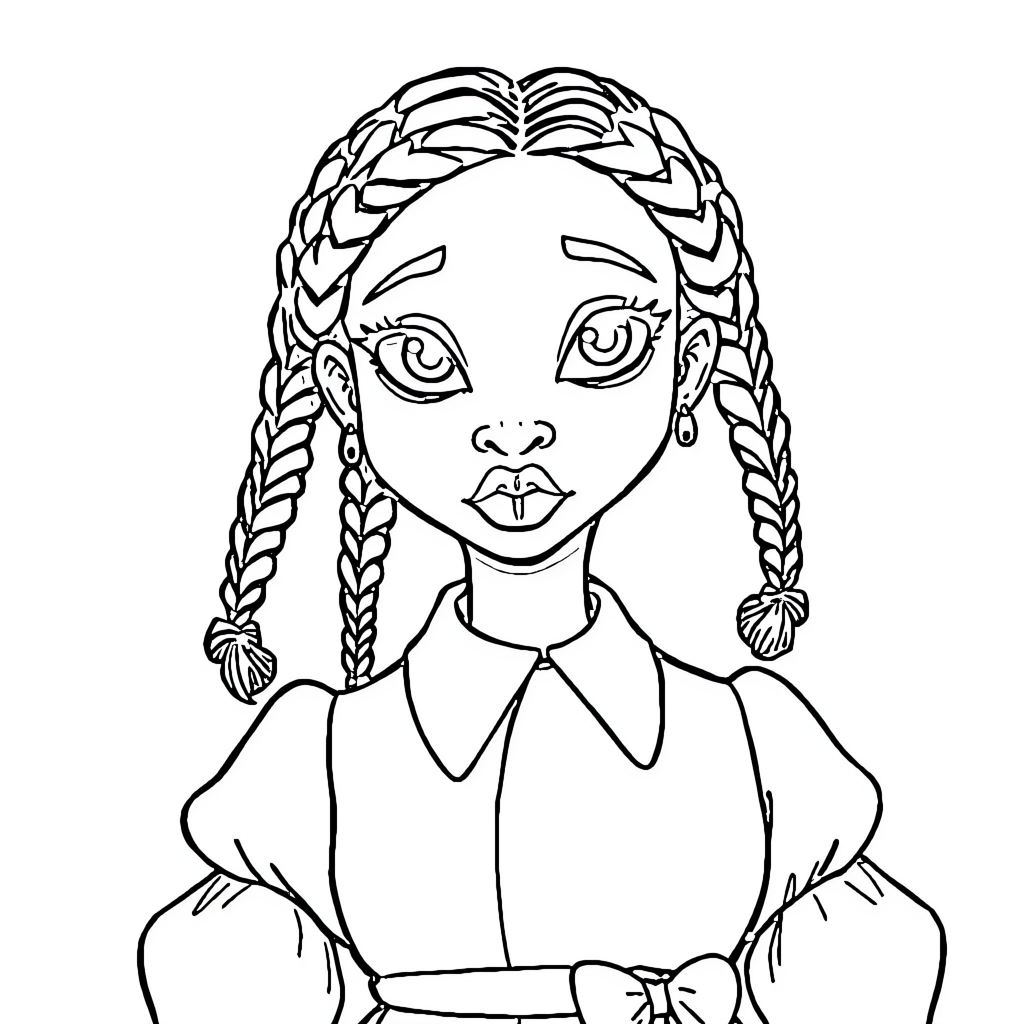 Labubu's Lovely Braided Hair and Pensive Expression Coloring Page (free black-and-white line drawing printable PDF for all, from beginners to advanced learners, including children, teens, adults, and seniors)