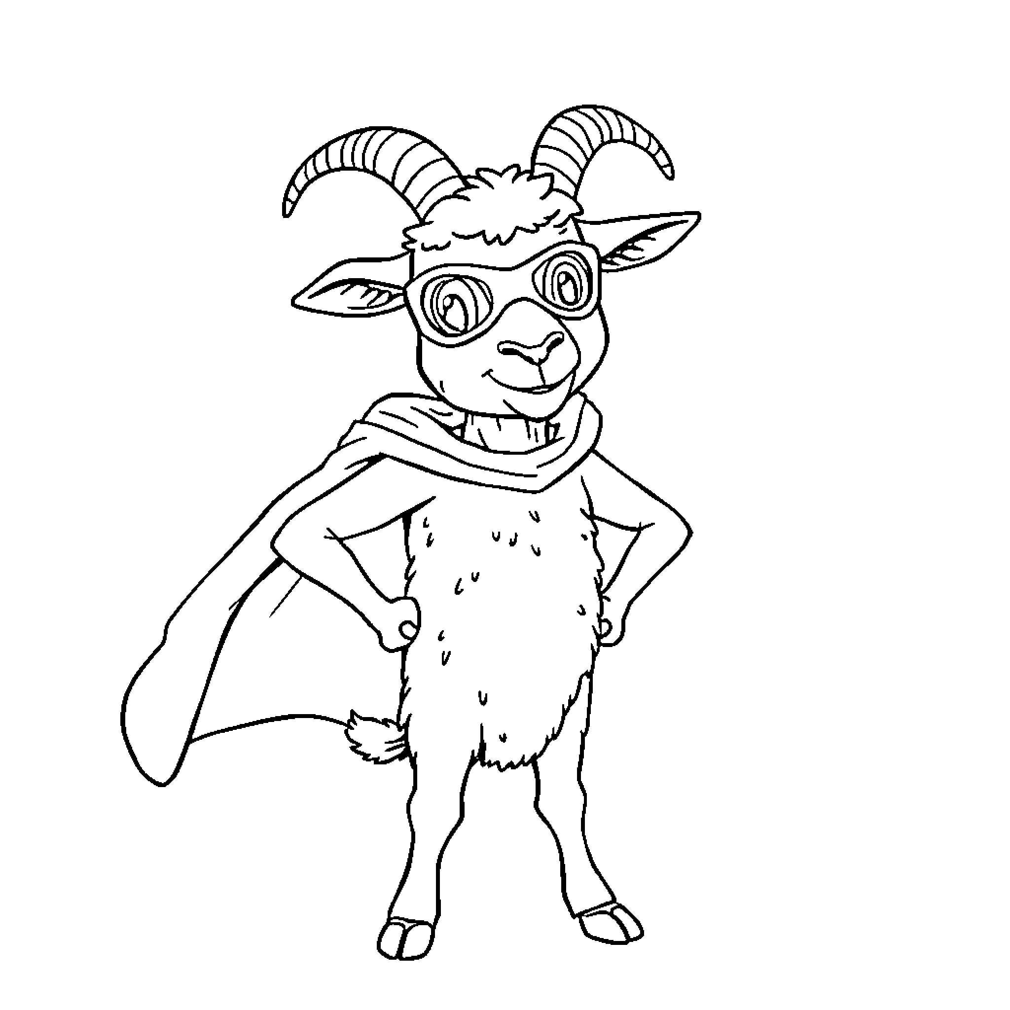 Goat dressed in costume with exaggerated features Coloring Page (free black-and-white line drawing printable PDF for all, from beginners to advanced learners, including children, teens, adults, and seniors)
