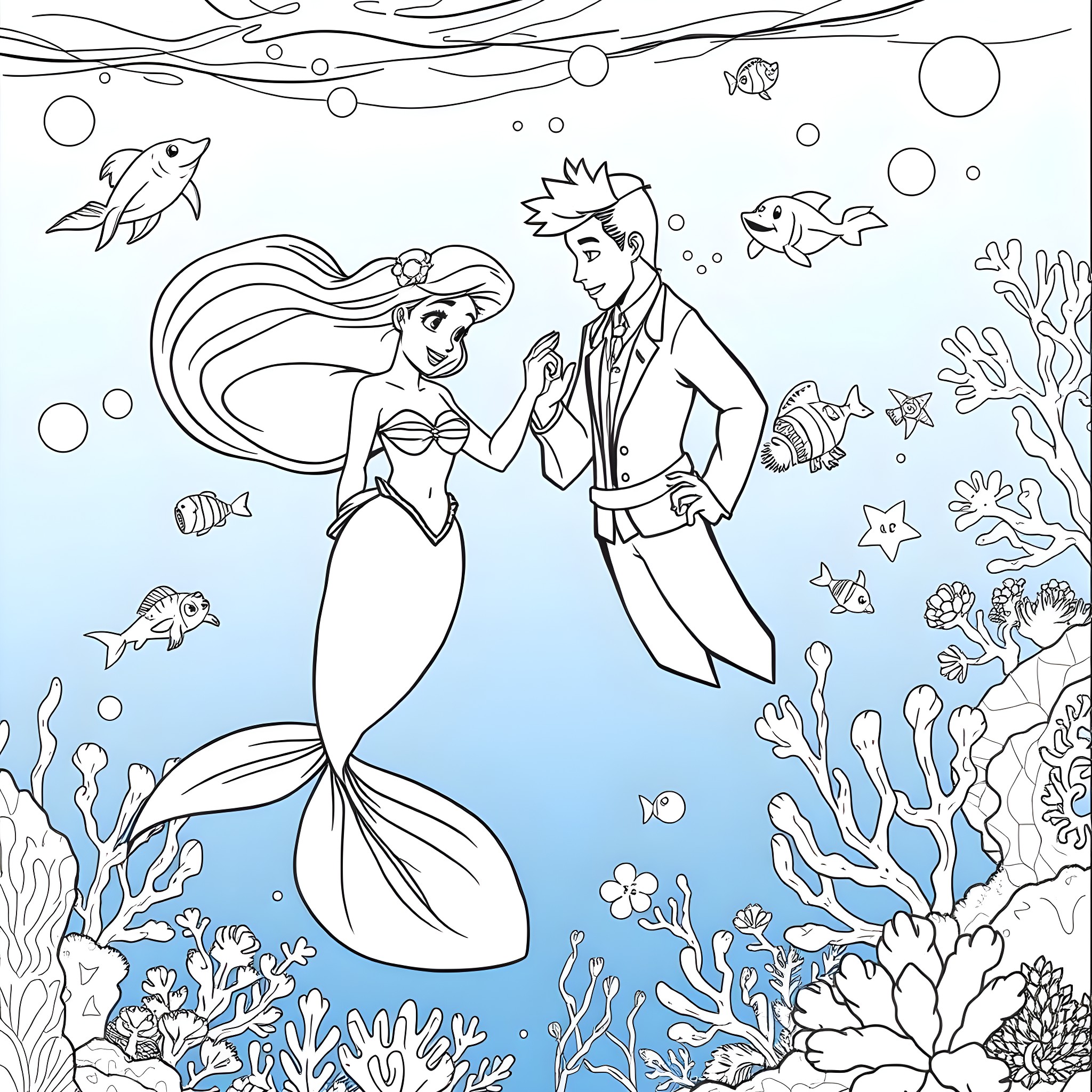 Little Mermaid and Prince Exploring Underwater Wonderland Coloring Page (free black-and-white line drawing printable PDF for all, from beginners to advanced learners, including children, teens, adults, and seniors)