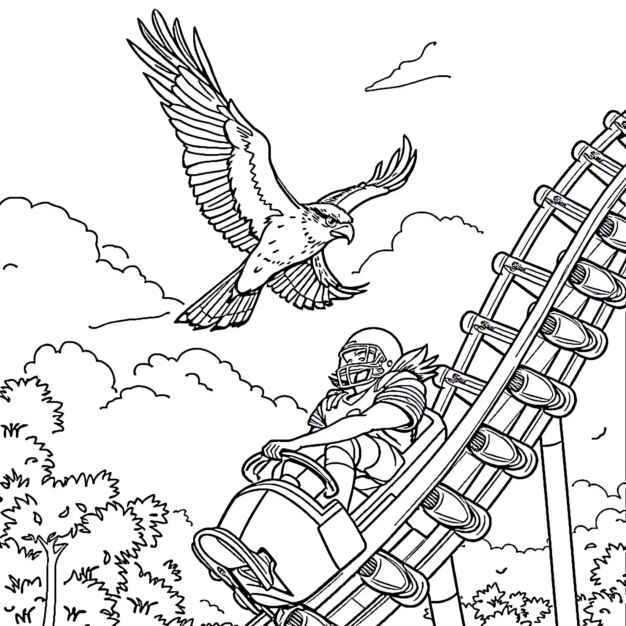 Falcon soaring over a person riding a rollercoaster Coloring Page (free black-and-white line drawing printable PDF for all, from beginners to advanced learners, including children, teens, adults, and seniors)