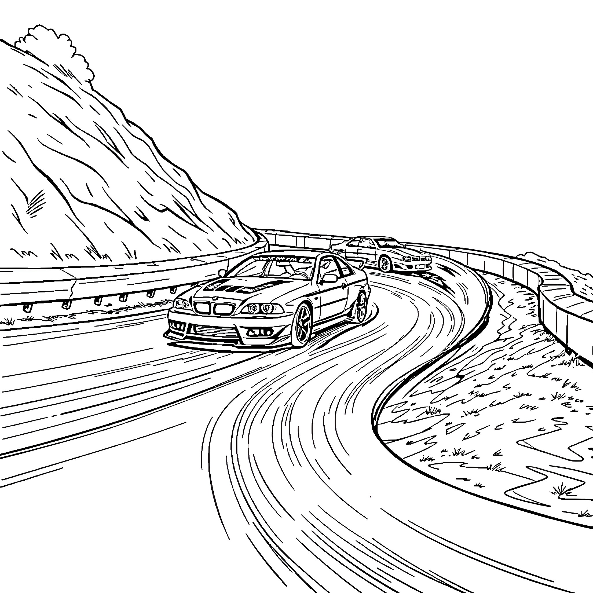 Car racing on a winding mountain road Coloring Page (free black-and-white line drawing printable PDF for all, from beginners to advanced learners, including children, teens, adults, and seniors)