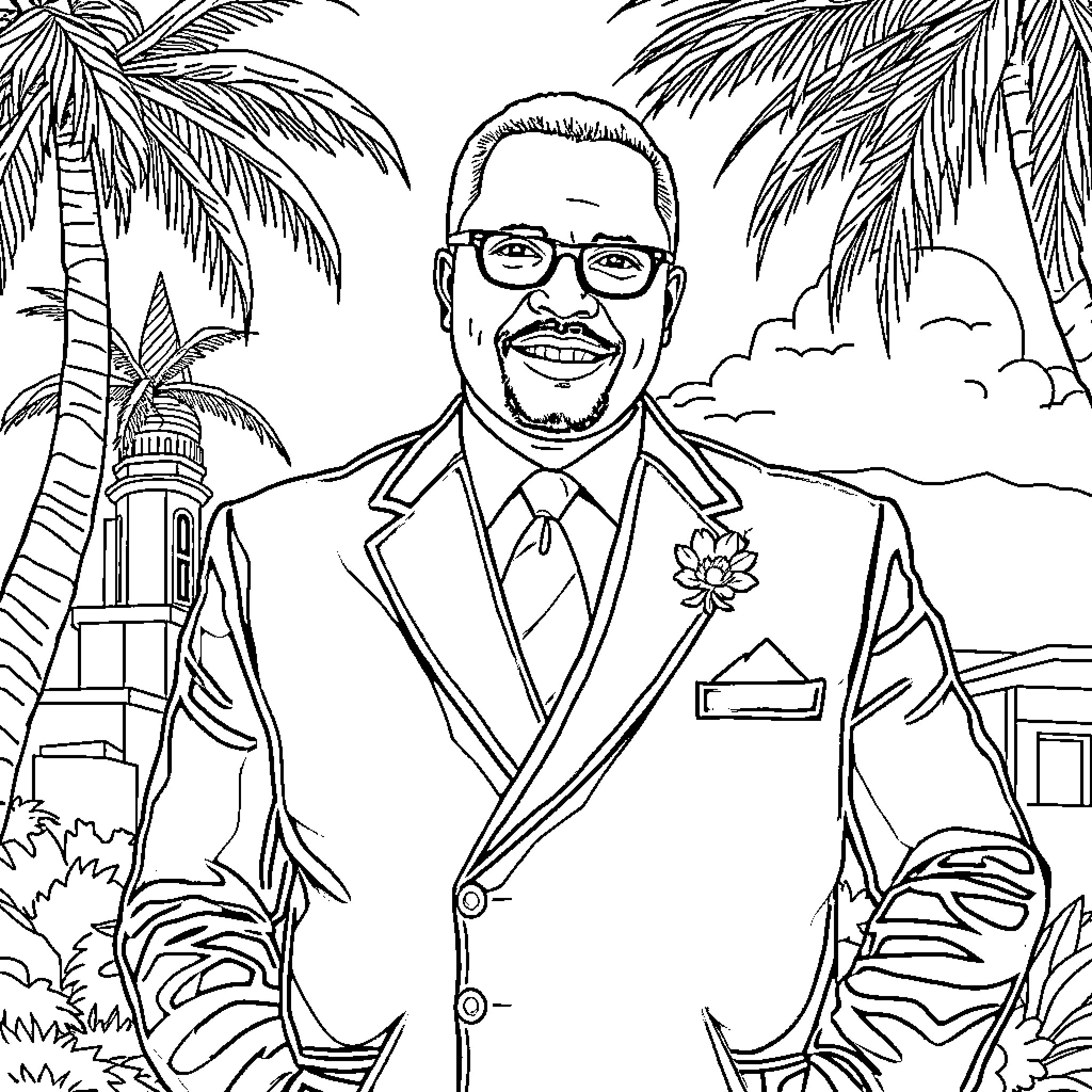 Errol Walton Barrow in formal attire surrounded by tropical scenery Coloring Page (free black-and-white line drawing printable PDF for all, from beginners to advanced learners, including children, teens, adults, and seniors)