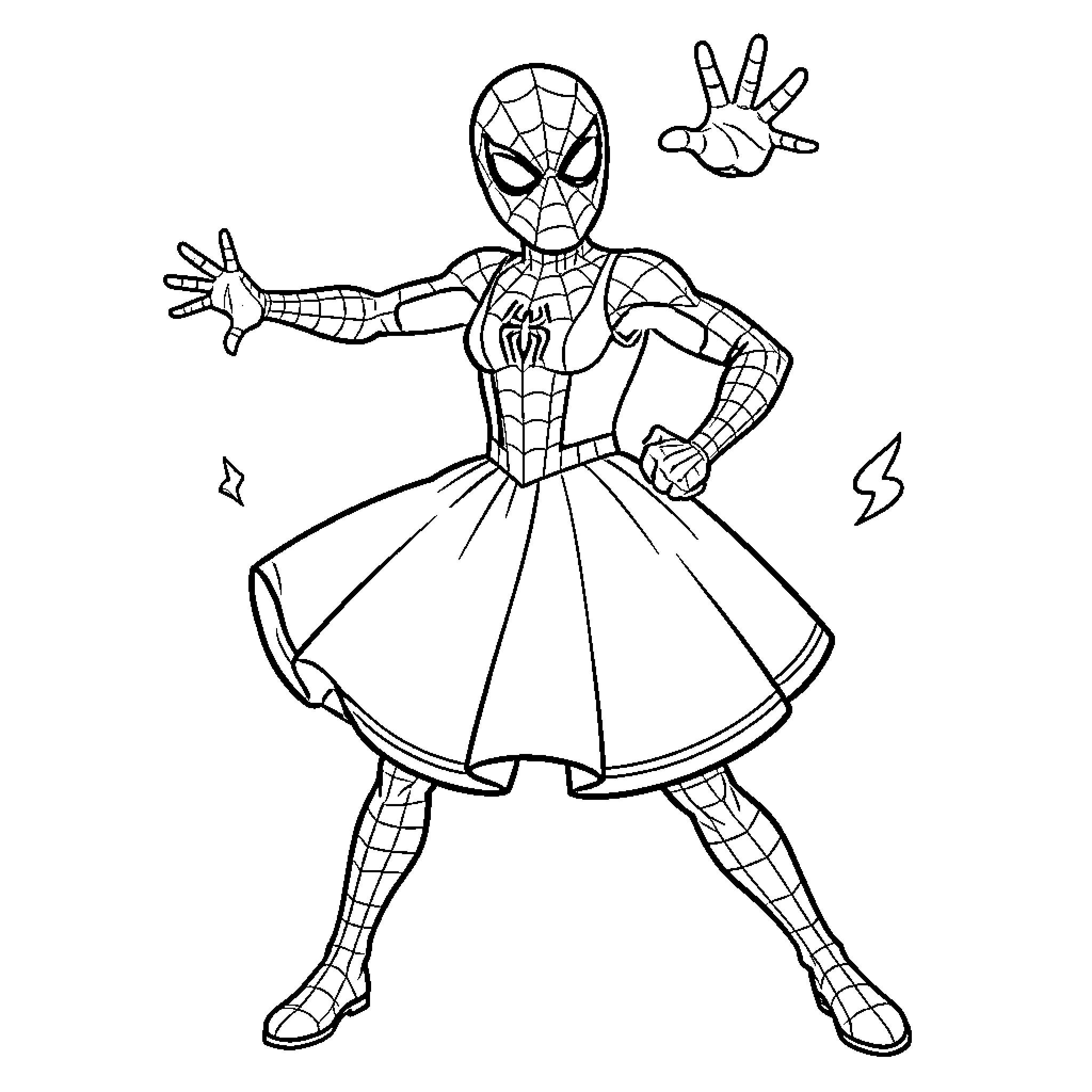 Spiderman wearing a skirt and striking a heroic pose Coloring Page (free black-and-white line drawing printable PDF for all, from beginners to advanced learners, including children, teens, adults, and seniors)