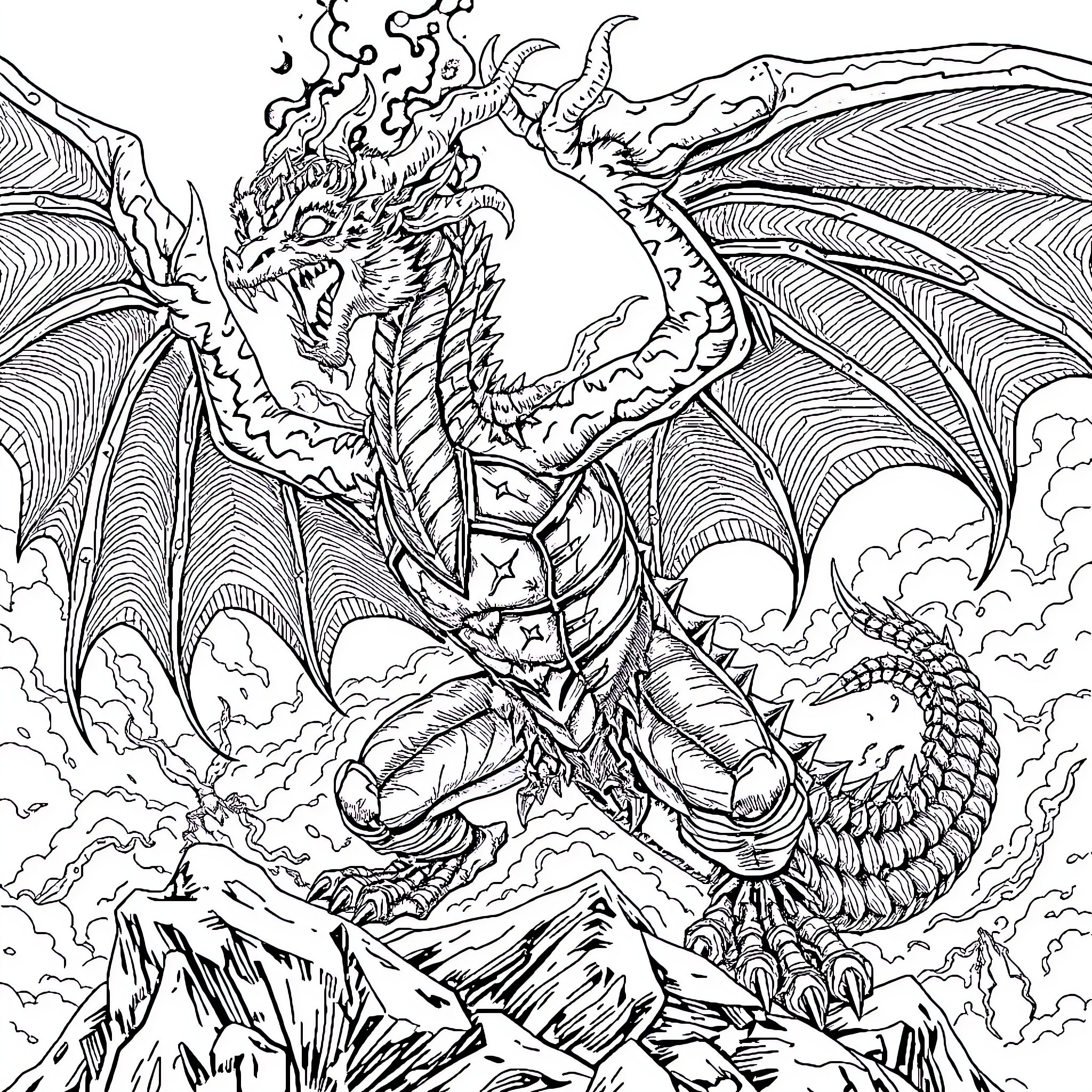 Godzilla-like dragon breathing fire over a rugged landscape Coloring Page (free black-and-white line drawing printable PDF for all, from beginners to advanced learners, including children, teens, adults, and seniors)