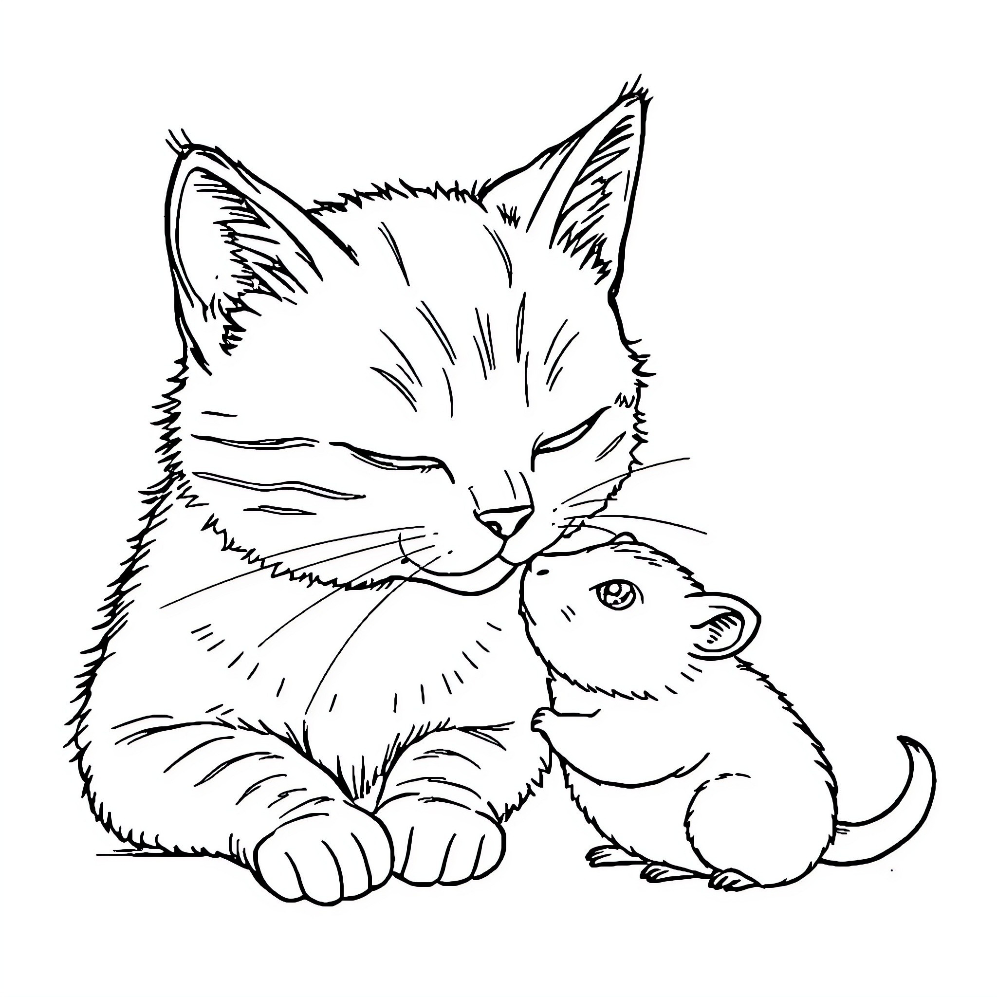 Chat of a cat and a small animal Coloring Page (free black-and-white line drawing printable PDF for all, from beginners to advanced learners, including children, teens, adults, and seniors)