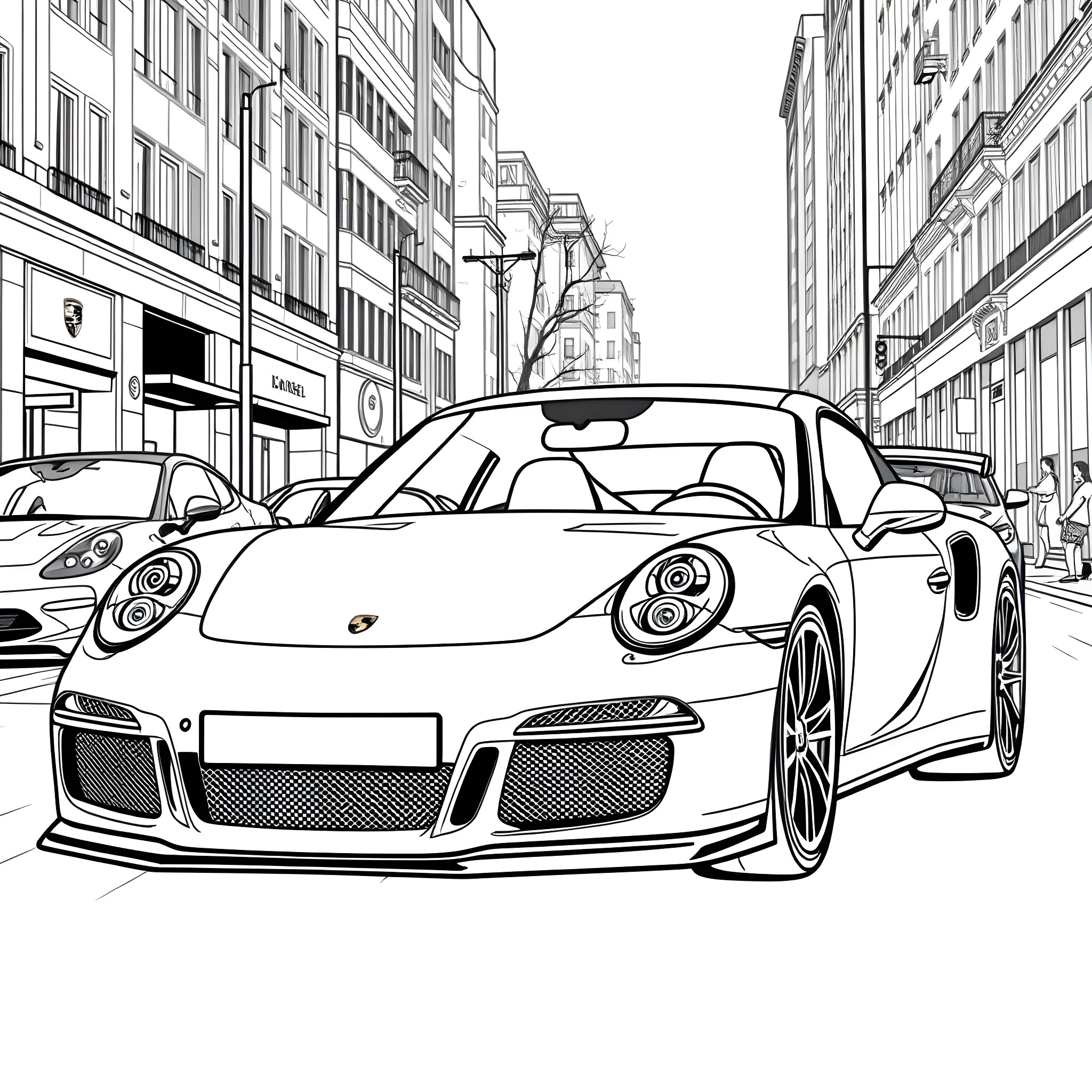 Porsche sports cars on a city street Coloring Page (free black-and-white line drawing printable PDF for all, from beginners to advanced learners, including children, teens, adults, and seniors)