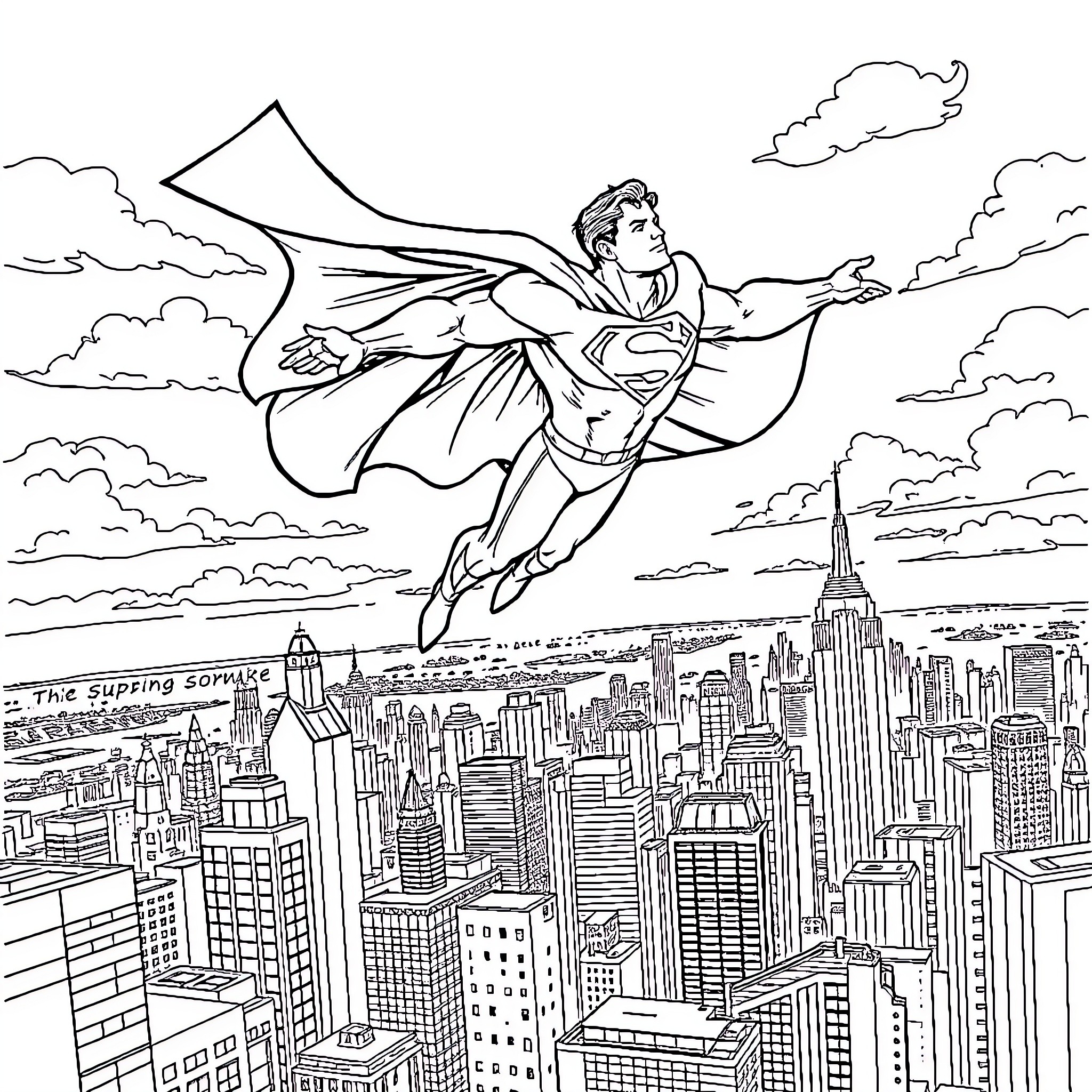 Superman soaring over the city skyline Coloring Page (free black-and-white line drawing printable PDF for all, from beginners to advanced learners, including children, teens, adults, and seniors)