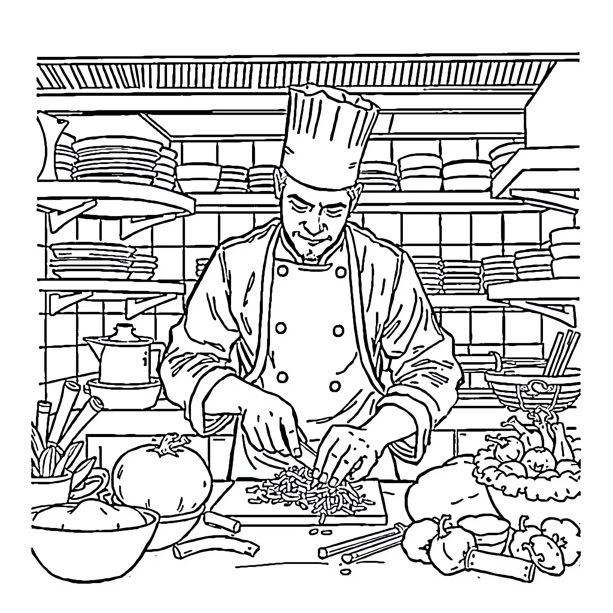 Chef Preparing Meal in Kitchen with Ingredients Coloring Page (free black-and-white line drawing printable PDF for all, from beginners to advanced learners, including children, teens, adults, and seniors)
