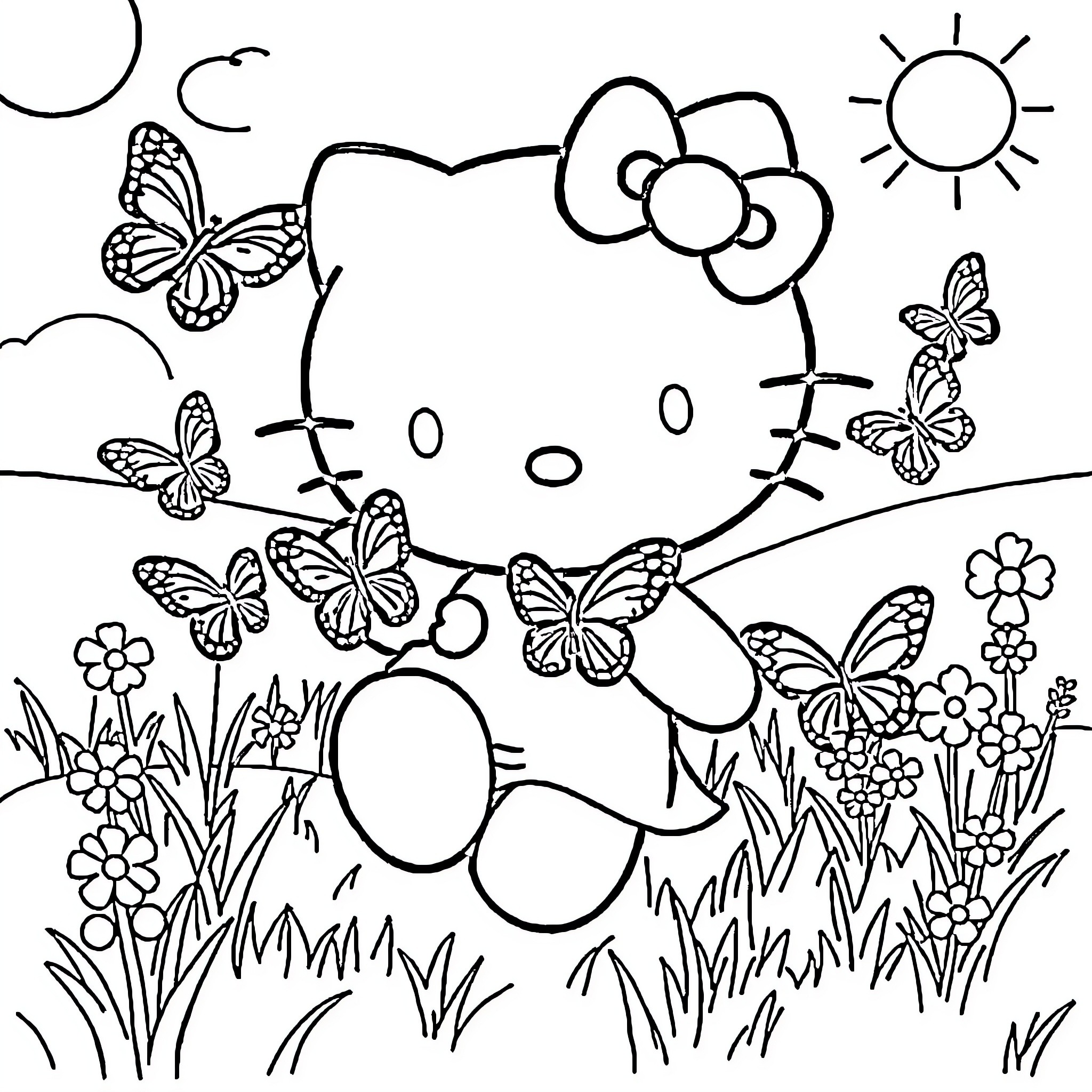 Hello Kitty playing with butterflies in nature Coloring Page (free black-and-white line drawing printable PDF for all, from beginners to advanced learners, including children, teens, adults, and seniors)