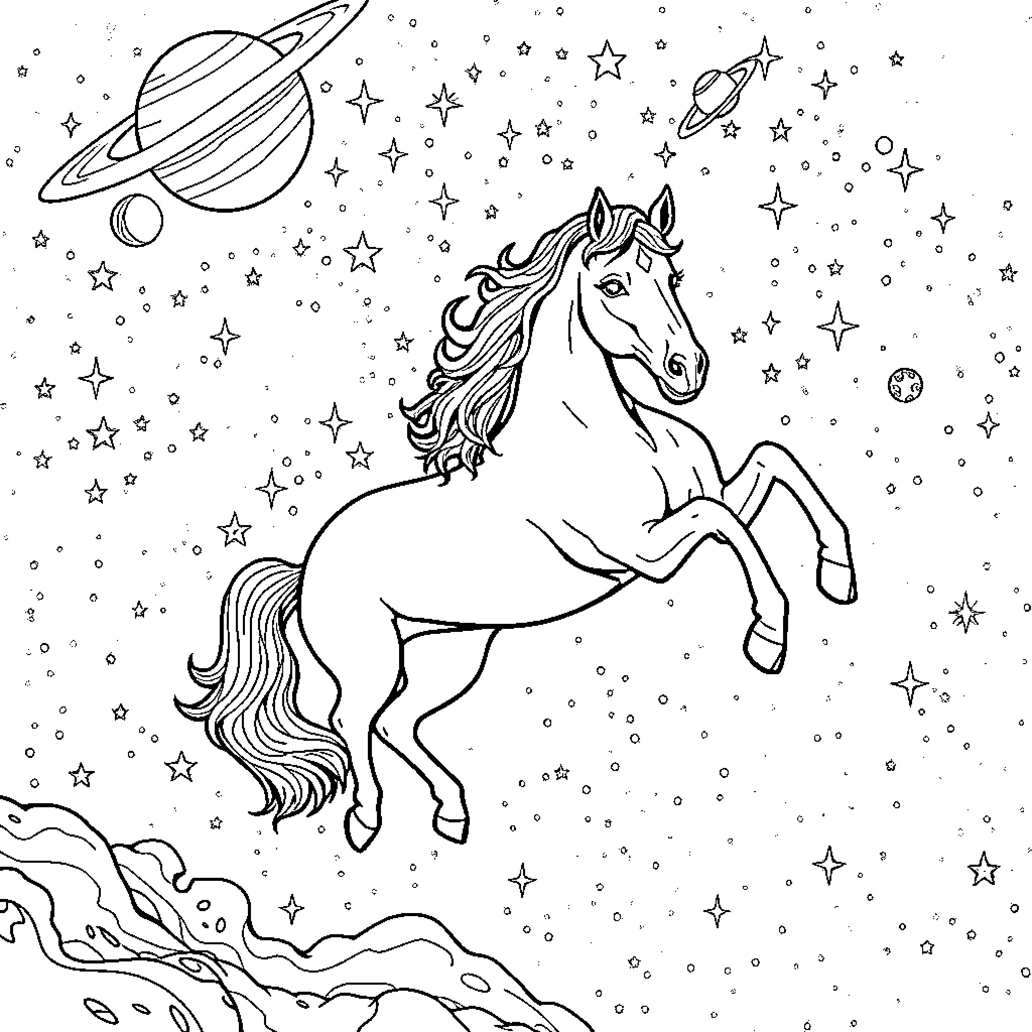 Horse galloping among the stars Coloring Page (free black-and-white line drawing printable PDF for all, from beginners to advanced learners, including children, teens, adults, and seniors)