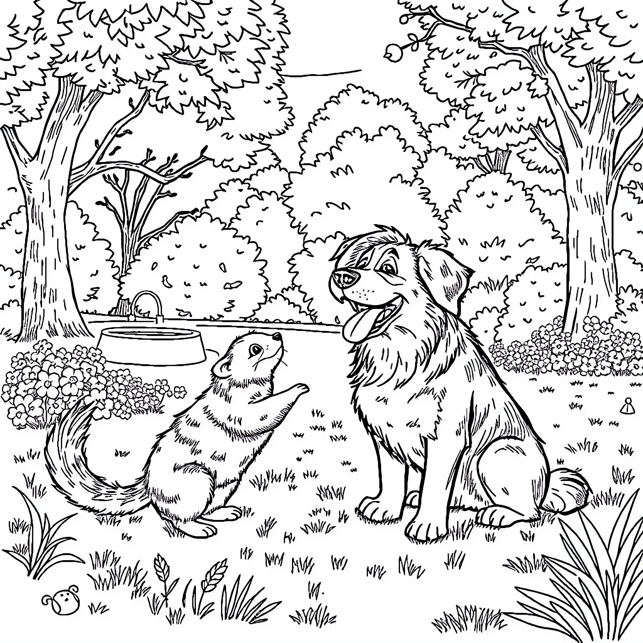Dog friends playing in the forest Coloring Page (free black-and-white line drawing printable PDF for all, from beginners to advanced learners, including children, teens, adults, and seniors)