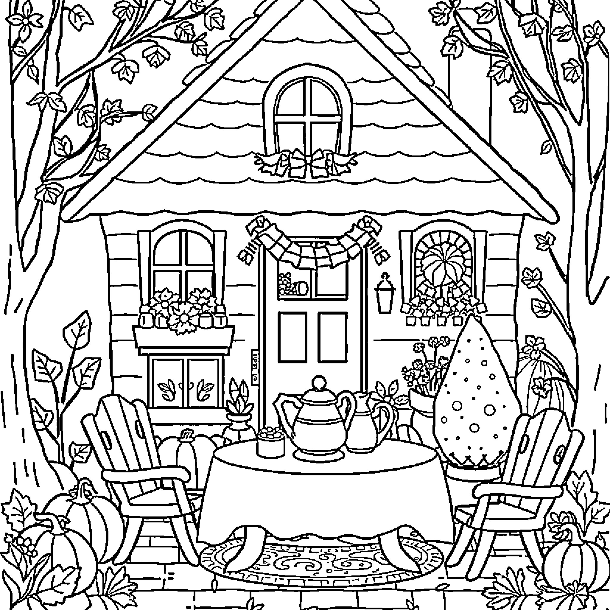 Tea Party in a Cozy Cottage with Garden Coloring Page (free black-and-white line drawing printable PDF for all, from beginners to advanced learners, including children, teens, adults, and seniors)