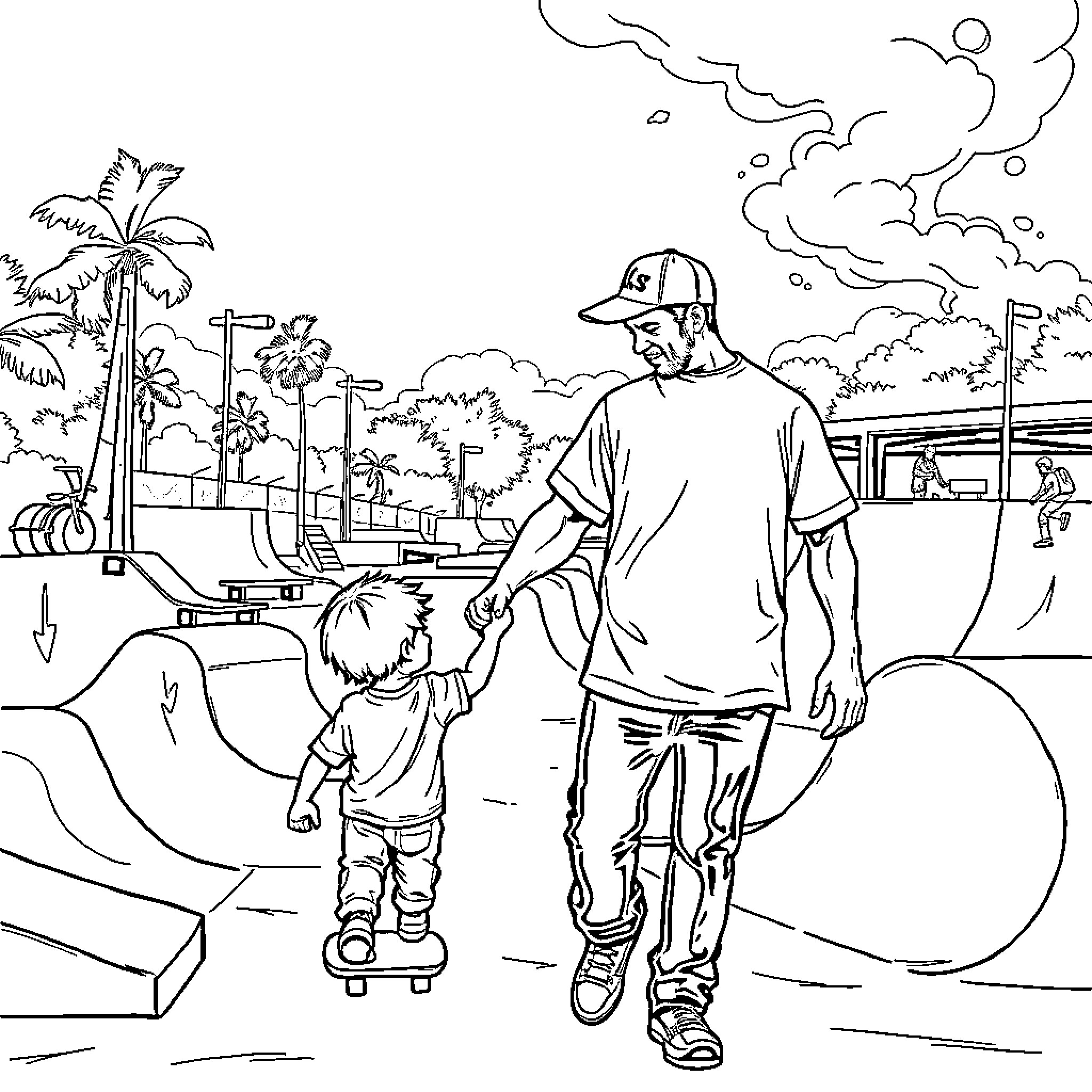 Padre and Child Bonding at the Skatepark Coloring Page (free black-and-white line drawing printable PDF for all, from beginners to advanced learners, including children, teens, adults, and seniors)