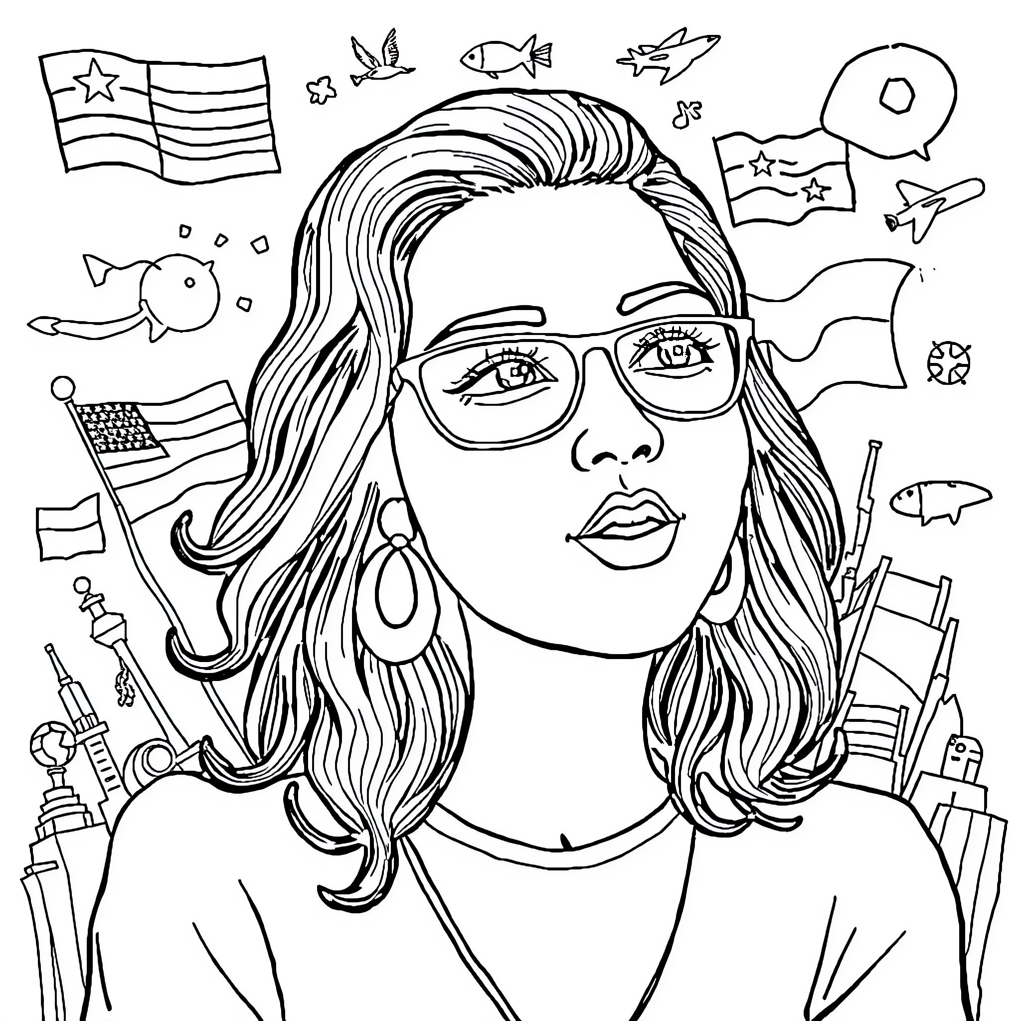 Polyglot woman exploring diverse cultures and symbols Coloring Page (free black-and-white line drawing printable PDF for all, from beginners to advanced learners, including children, teens, adults, and seniors)