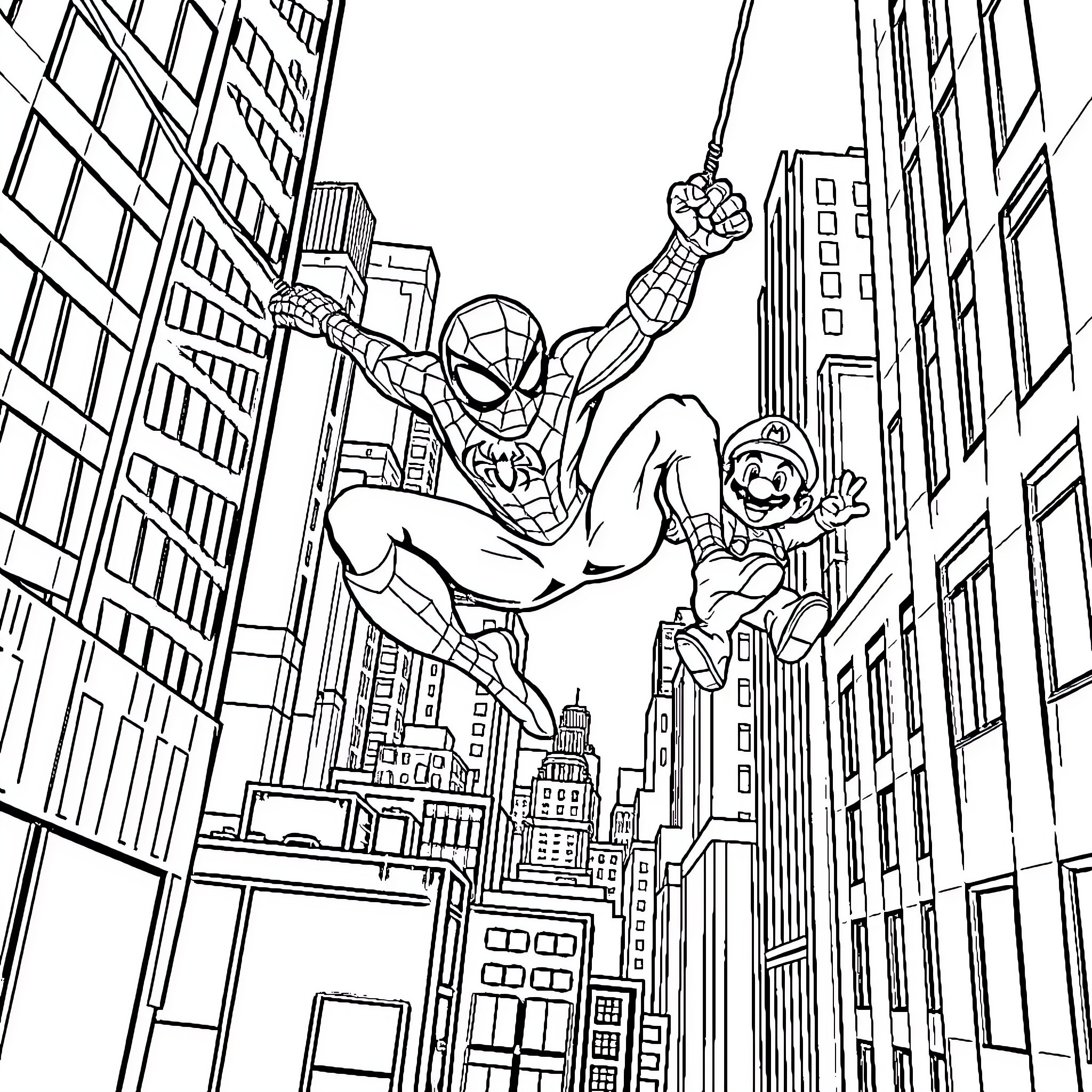 Spidey swings through the city with Mario Coloring Page (free black-and-white line drawing printable PDF for all, from beginners to advanced learners, including children, teens, adults, and seniors)