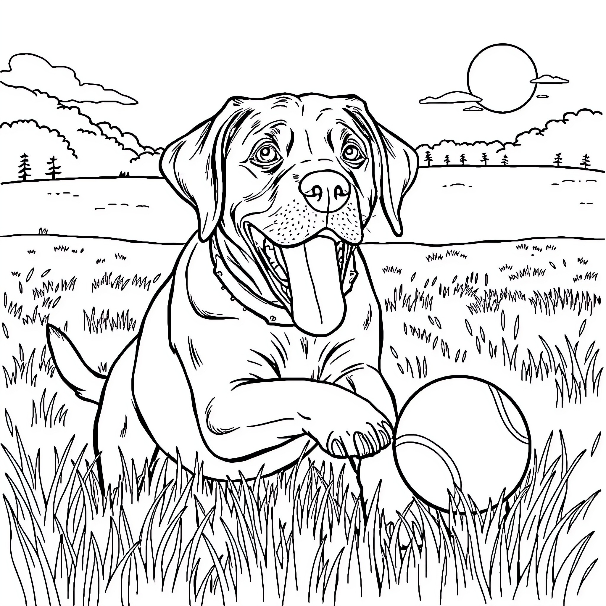 Labrador enjoying the outdoors in nature Coloring Page (free black-and-white line drawing printable PDF for all, from beginners to advanced learners, including children, teens, adults, and seniors)