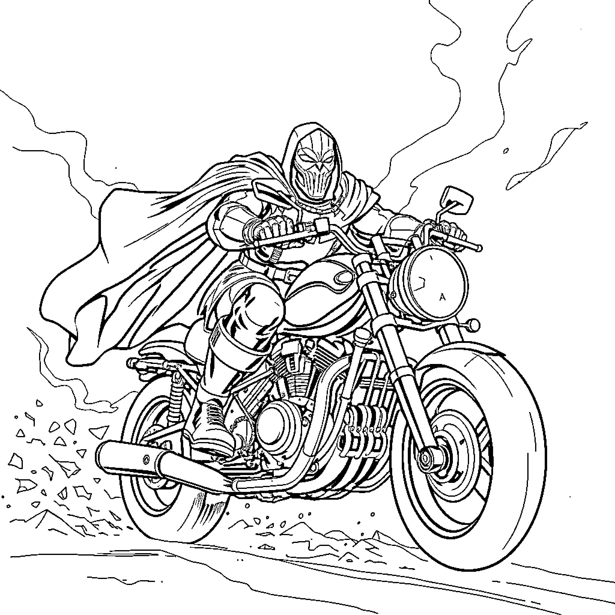 Doctor Doom riding a powerful motorcycle Coloring Page (free black-and-white line drawing printable PDF for all, from beginners to advanced learners, including children, teens, adults, and seniors)